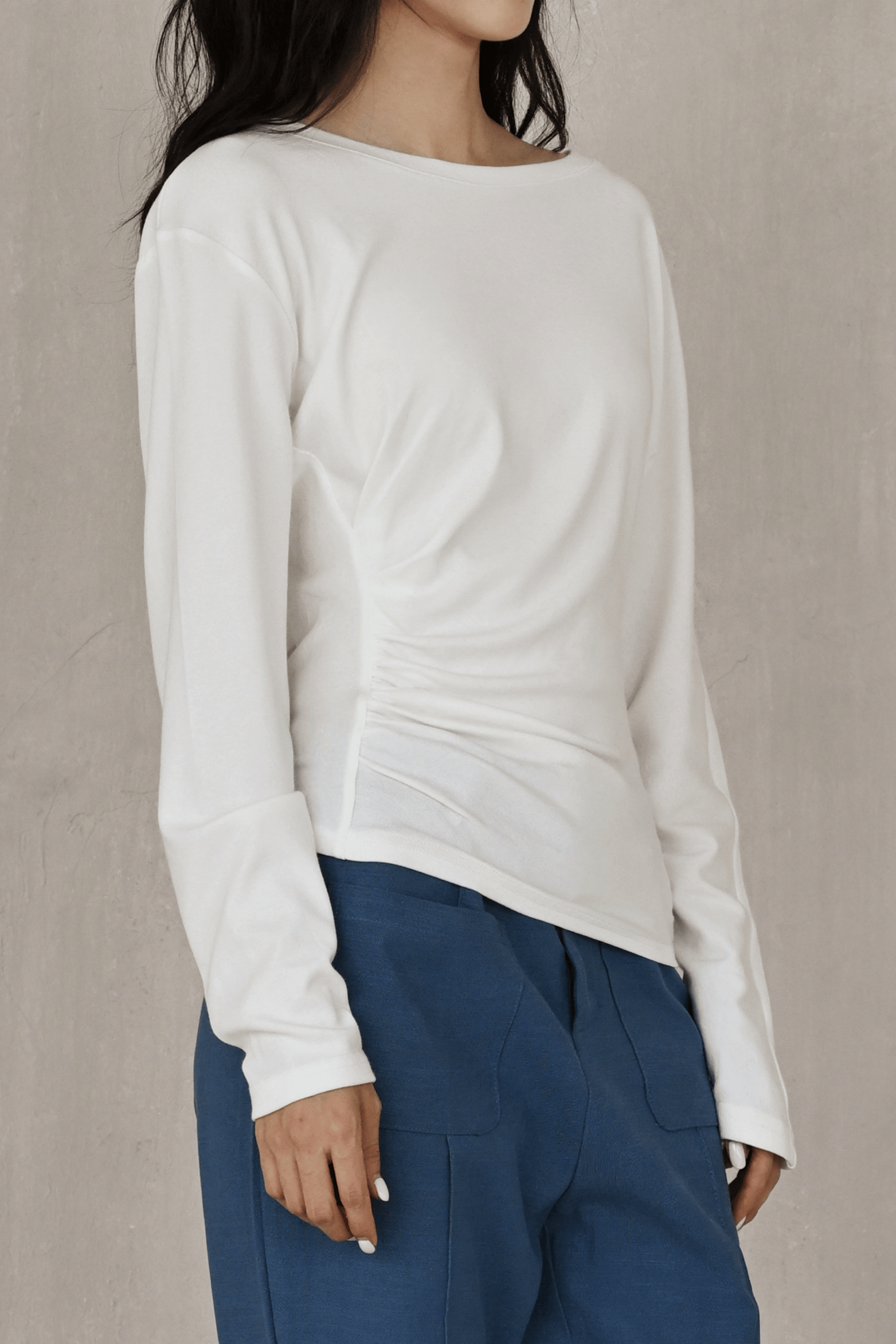 Last Sunset Classic Boat Neck Long Sleeve Tee – Slim Fit Ruched Detail Top
