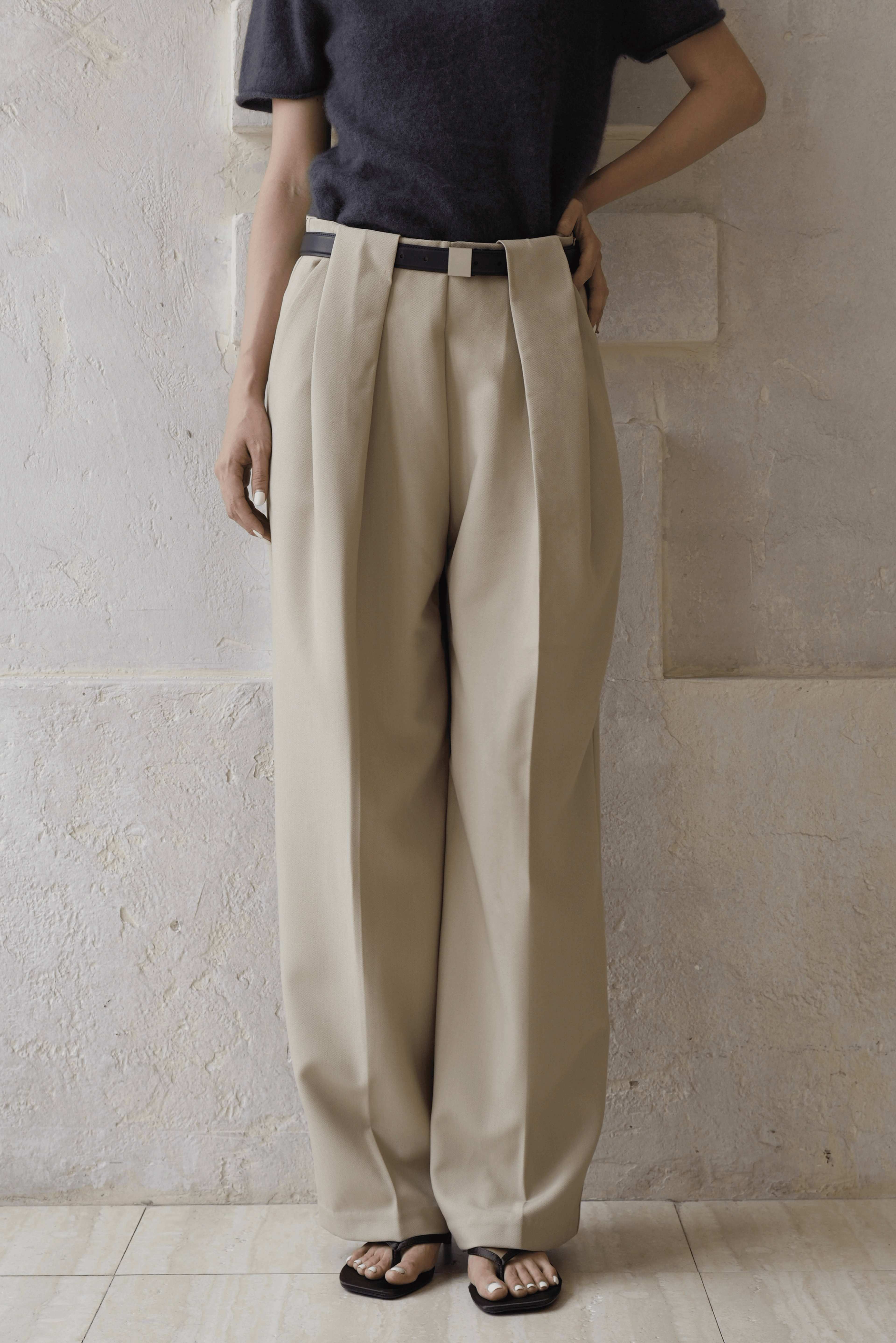 Last Sunset High Waist Pleated Wide Leg Trousers for Women – Beige Tailored Dress Pants