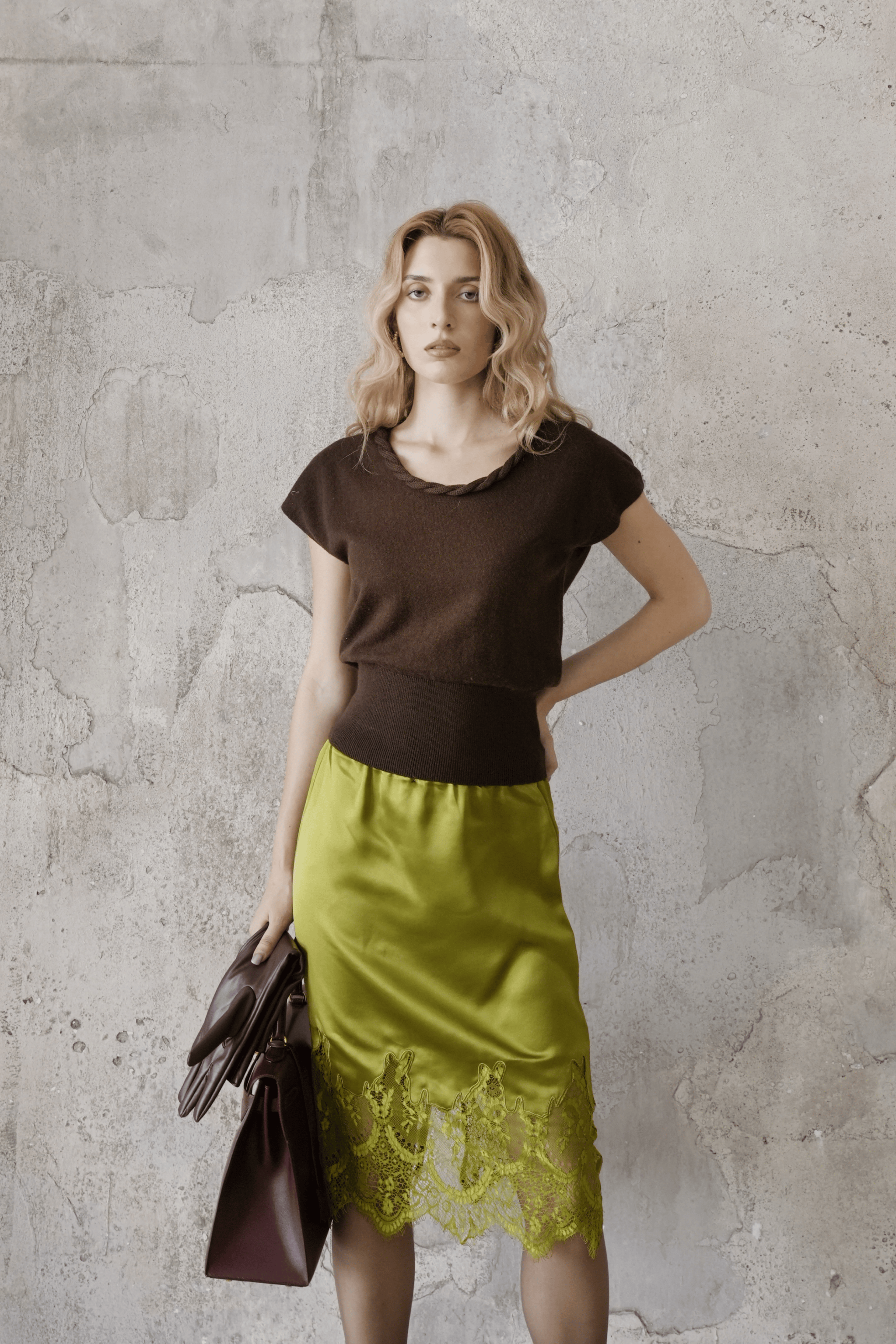 Last Sunset Braided Collar Knit Top — Mocha / Charcoal Grey