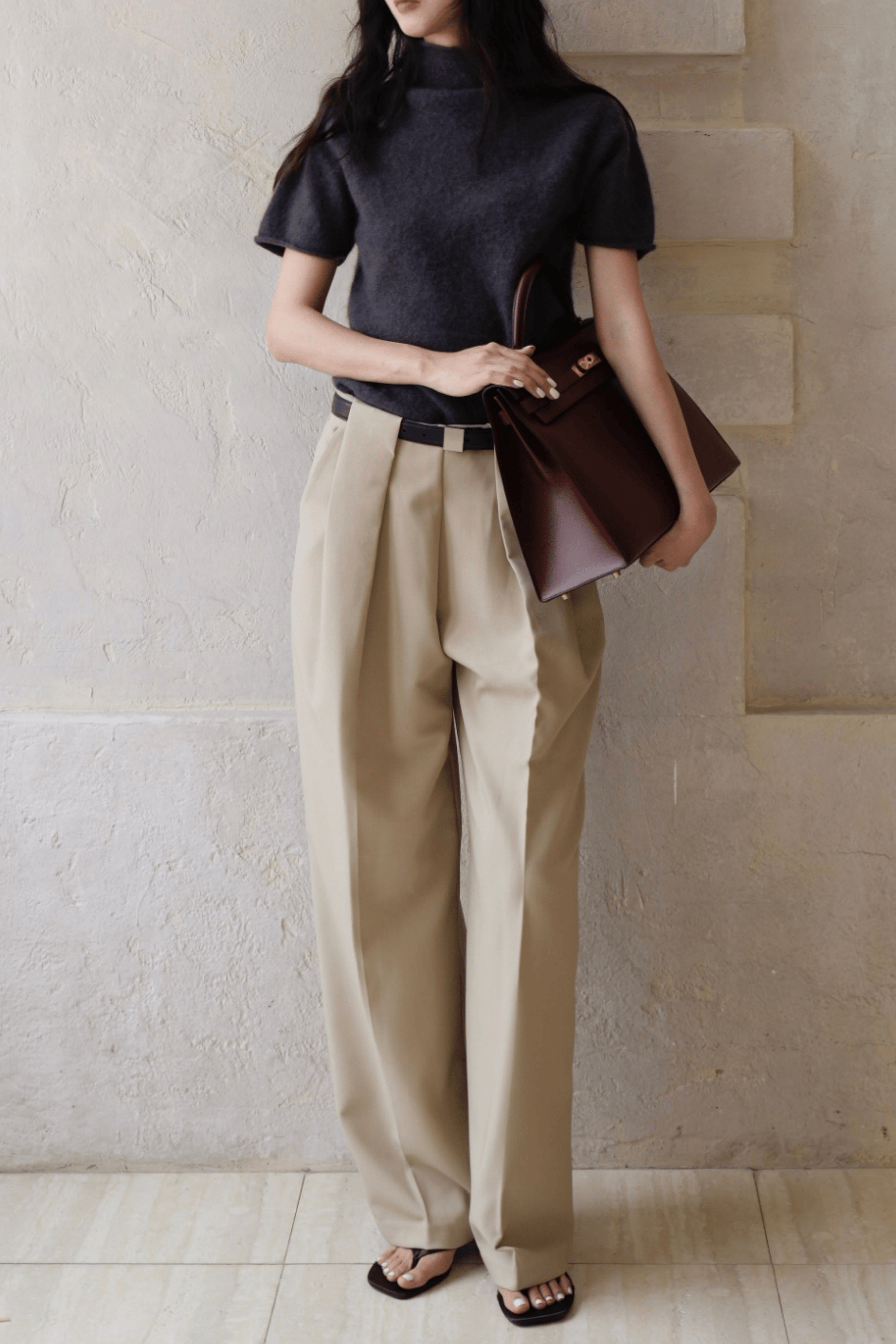 Last Sunset High Waist Pleated Wide Leg Trousers for Women – Beige Tailored Dress Pants