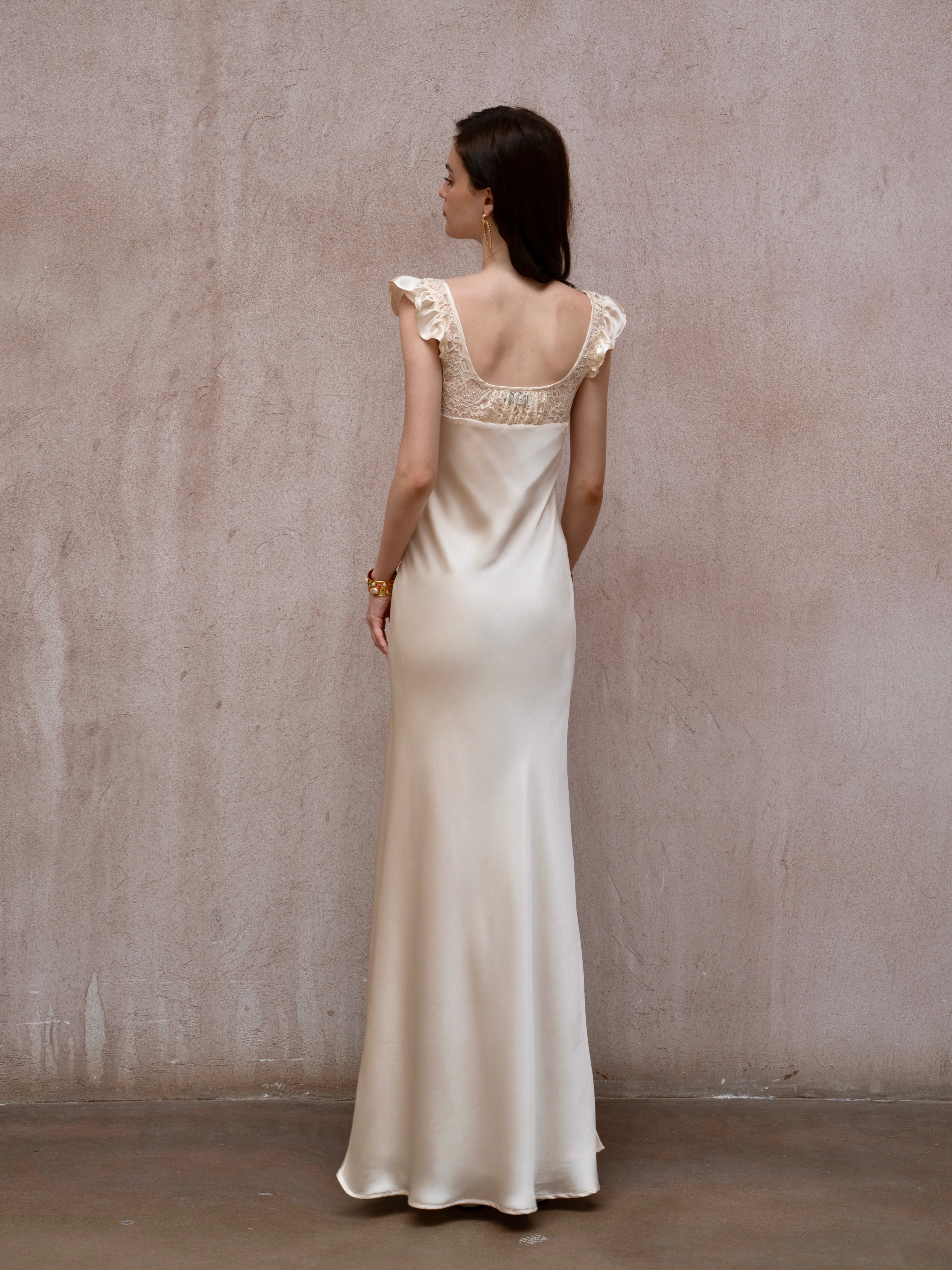 Last Sunset Satin Maxi Dress – Ivory Ruffle Sleeve Evening Gown