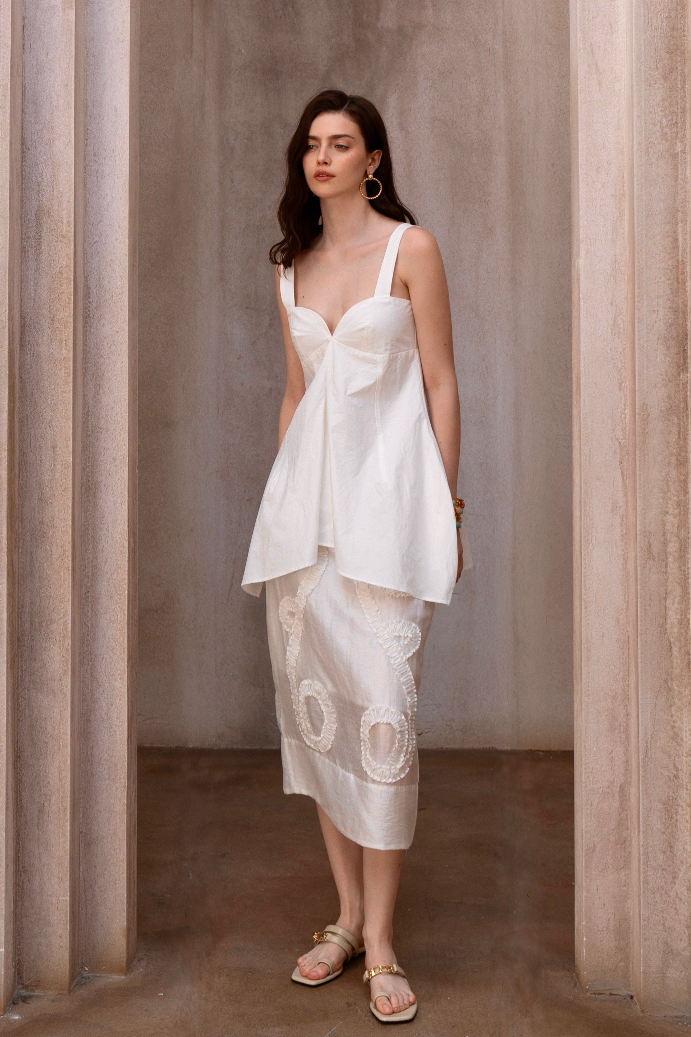 Last Sunset Silk crêpe fabric floral embroidery - White midi skirt