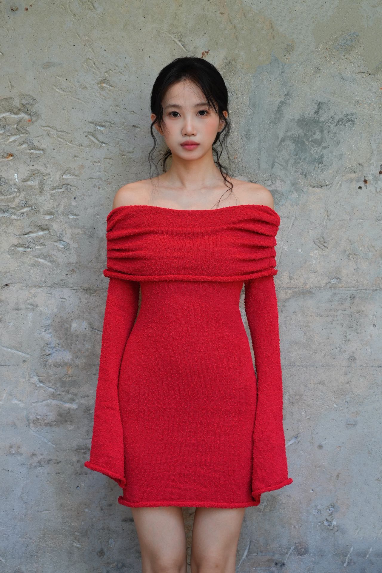 red off the shoulder knit dress Last Sunset Sweater Party Mini Color:Cognac Leather Taupe Linen Decima Dress CORAL Designed with an off