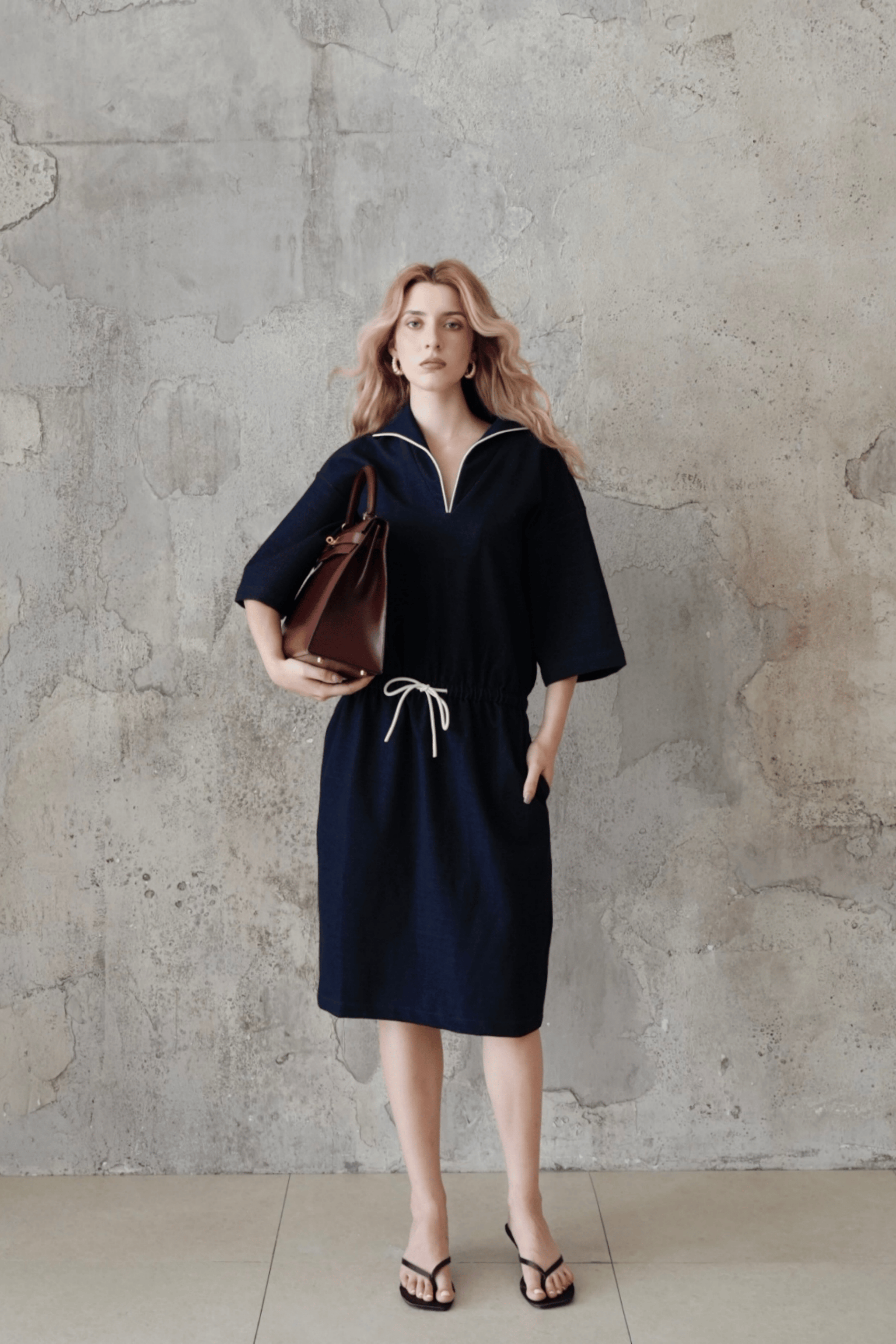 Last Sunset Navy Blue Casual Midi Dress with Drawstring Waist – Half Sleeve Pullover Dress