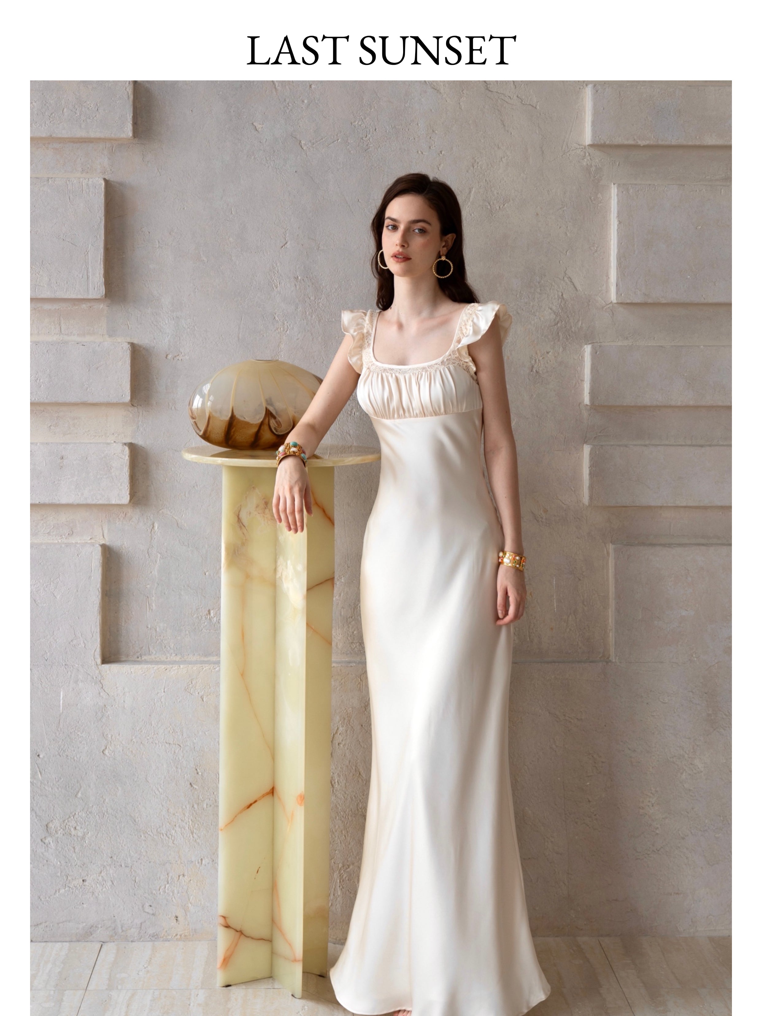 Last Sunset Satin Maxi Dress – Ivory Ruffle Sleeve Evening Gown