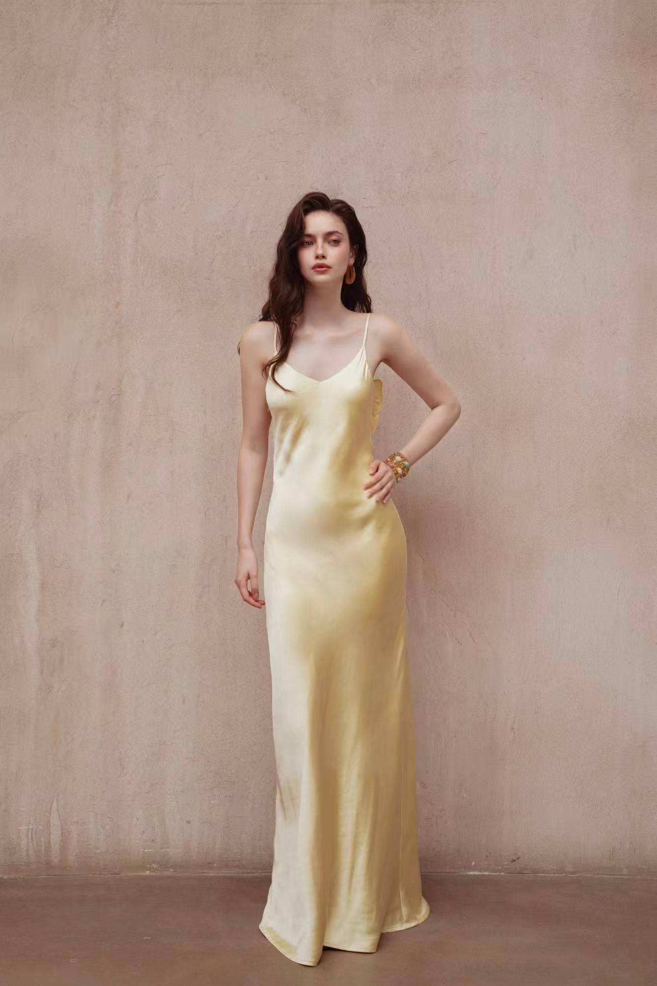 Last Sunset Golden Bloom Backless Wedding Evening Silk Gown Maxi Dress