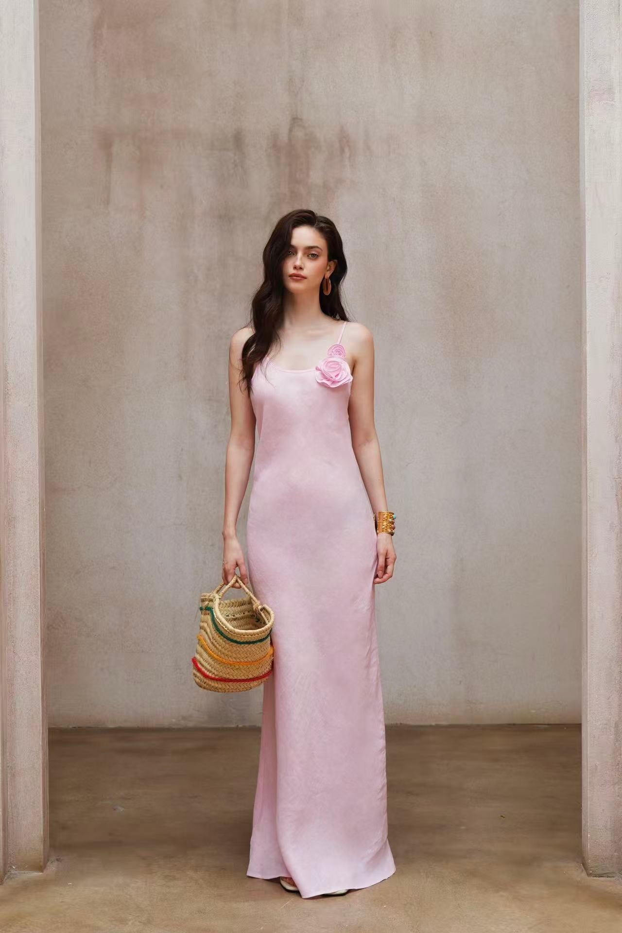Last Sunset Rose Detail Slip Maxi Dress – Pink Linen Look Evening Gown