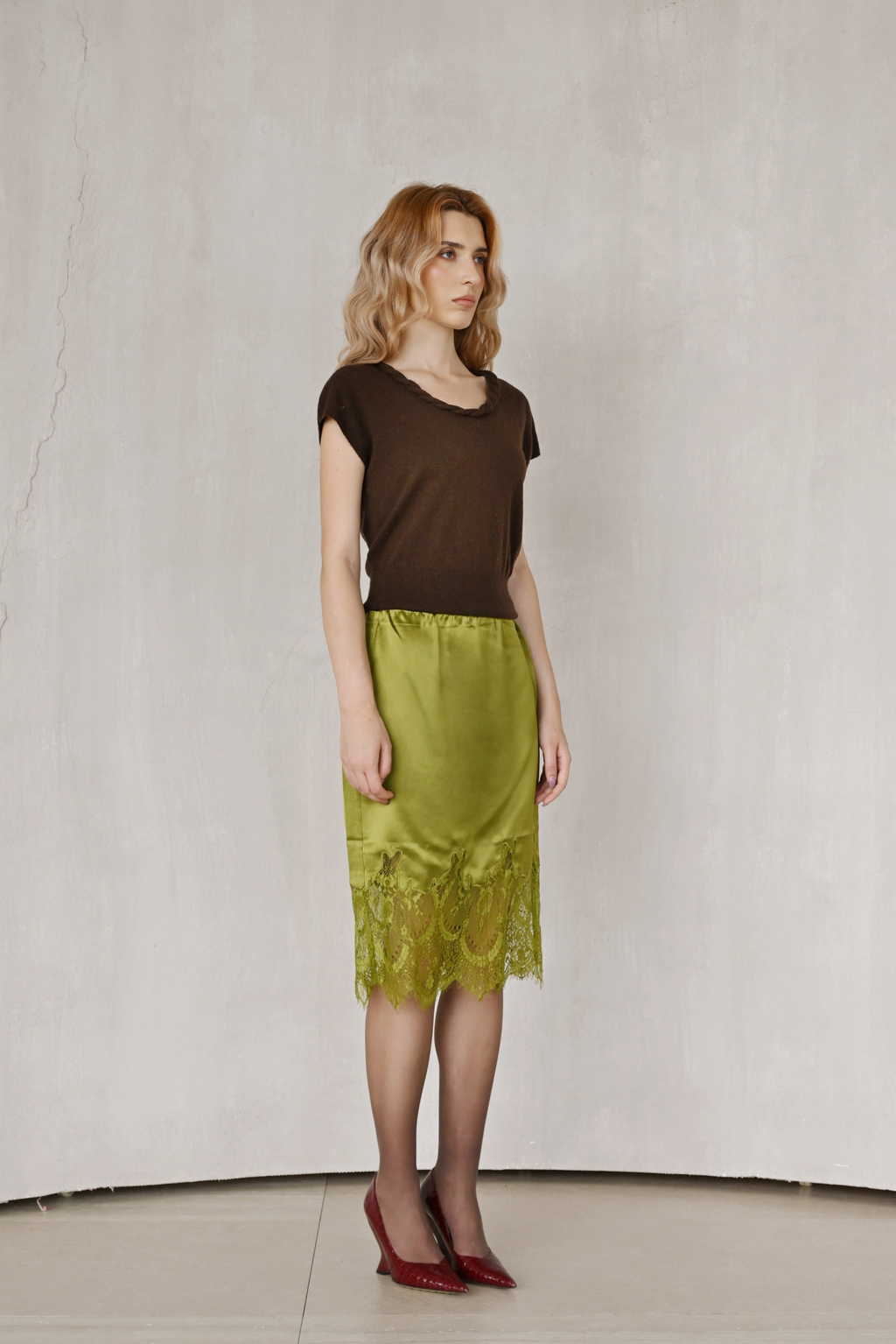 Last Sunset Satin Lace Midi Skirt – Chic Elegant Slip Skirt with Sheer Lace Hem
