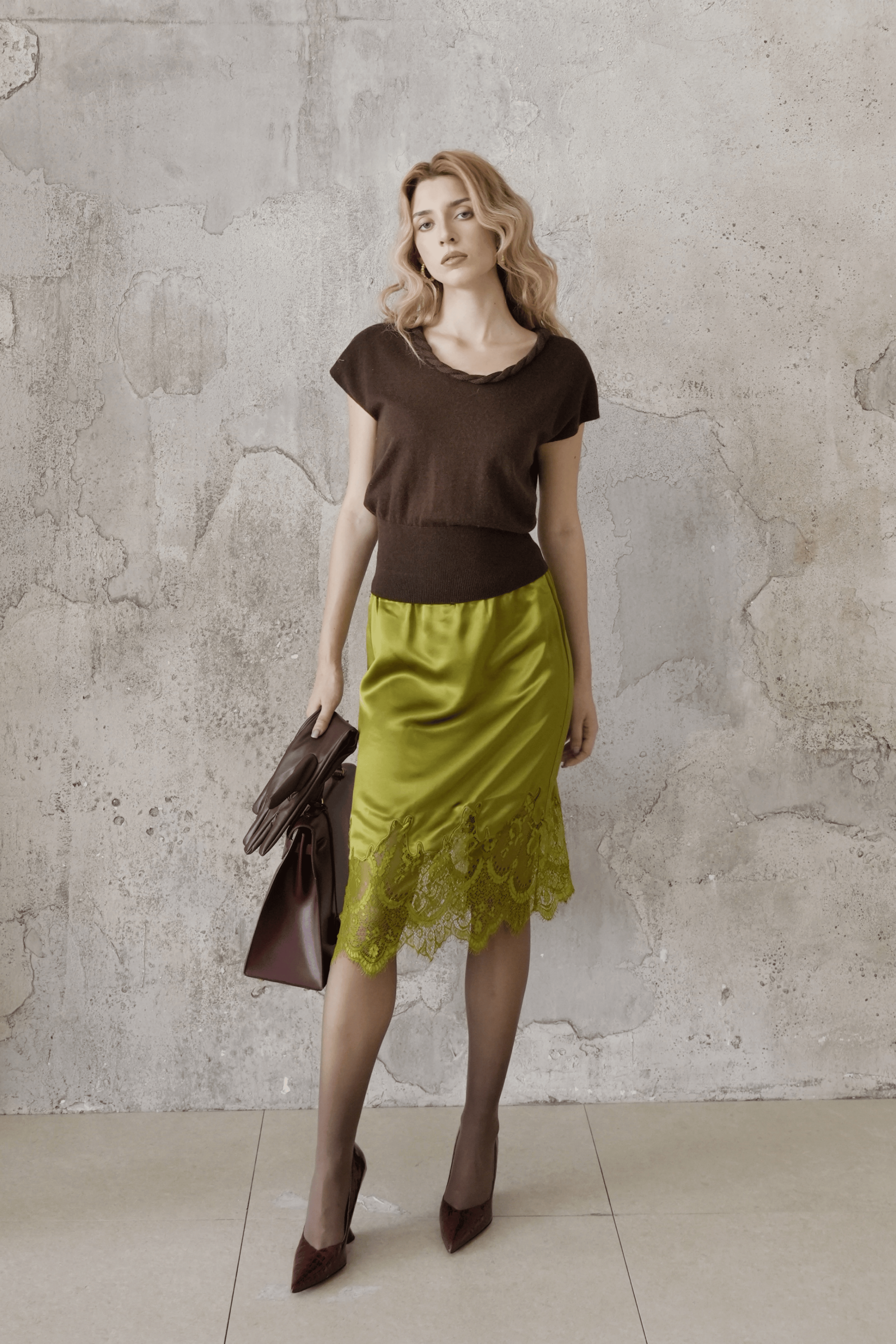 Last Sunset Braided Collar Knit Top — Mocha / Charcoal Grey