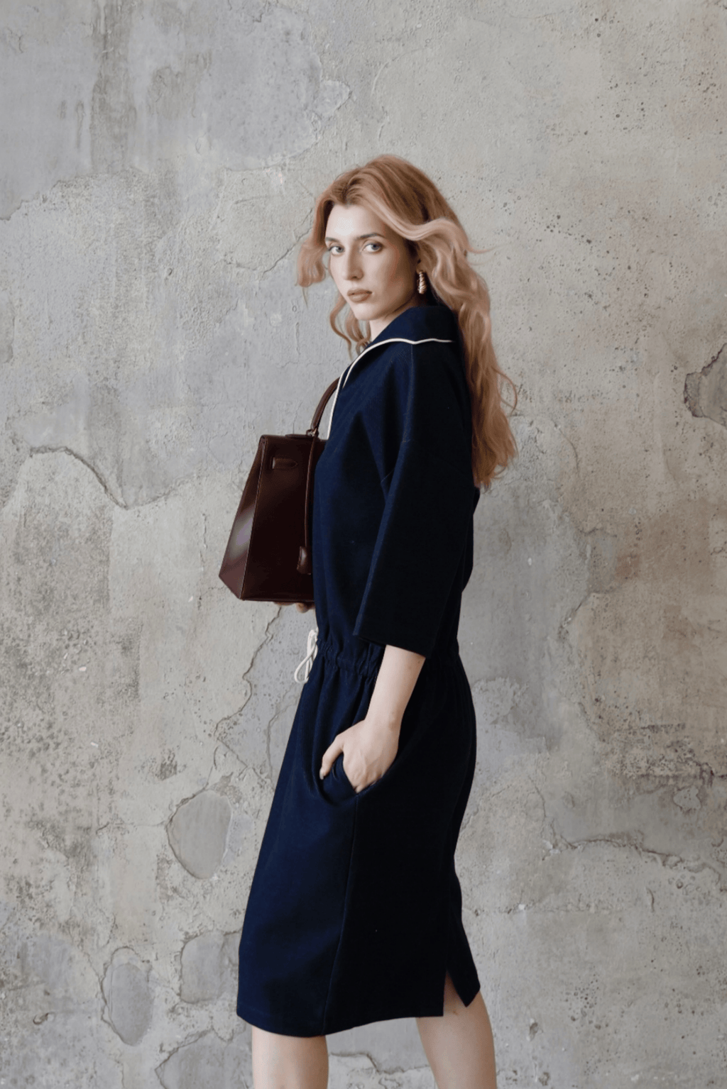 Last Sunset Navy Blue Casual Midi Dress with Drawstring Waist – Half Sleeve Pullover Dress