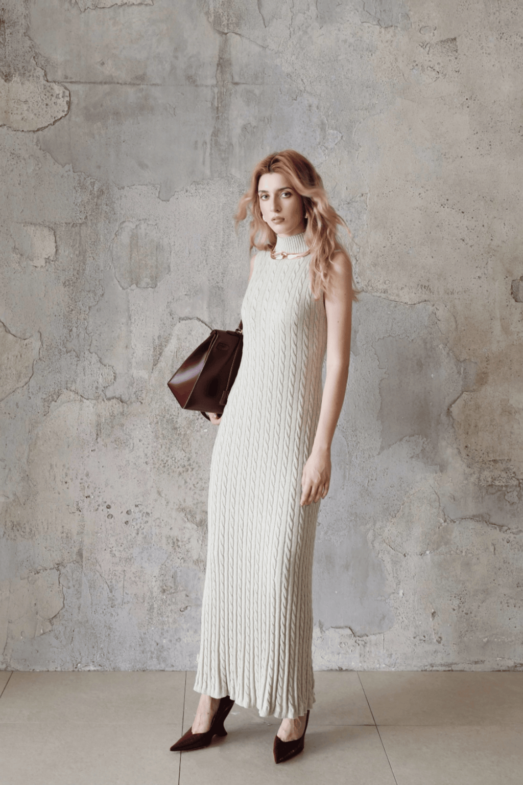 Last Sunset Sleeveless Turtleneck Cable Knit Maxi Dress – Elegant Winter Sweater Dress