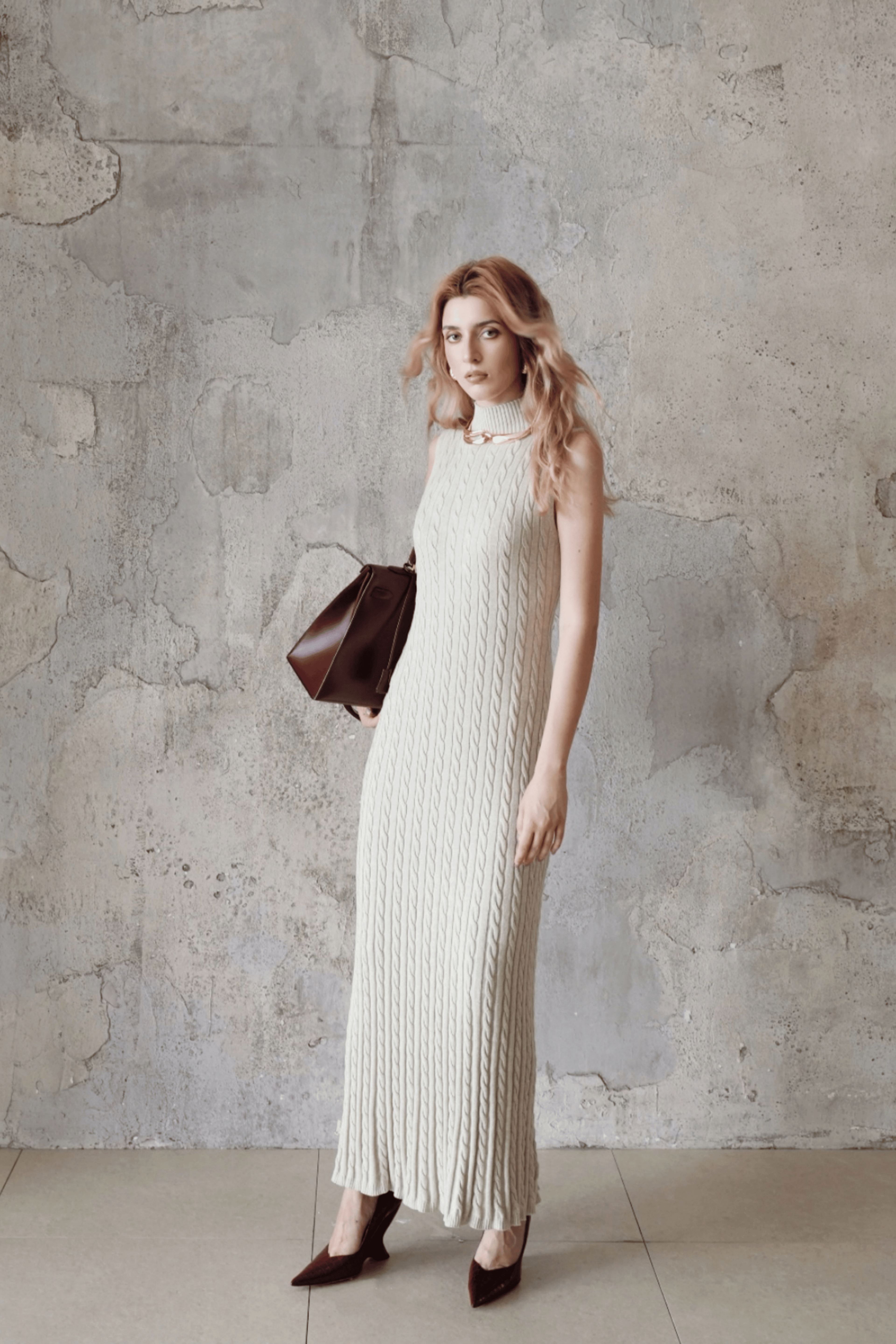 Last Sunset Sleeveless Turtleneck Cable Knit Maxi Dress – Elegant Winter Sweater Dress