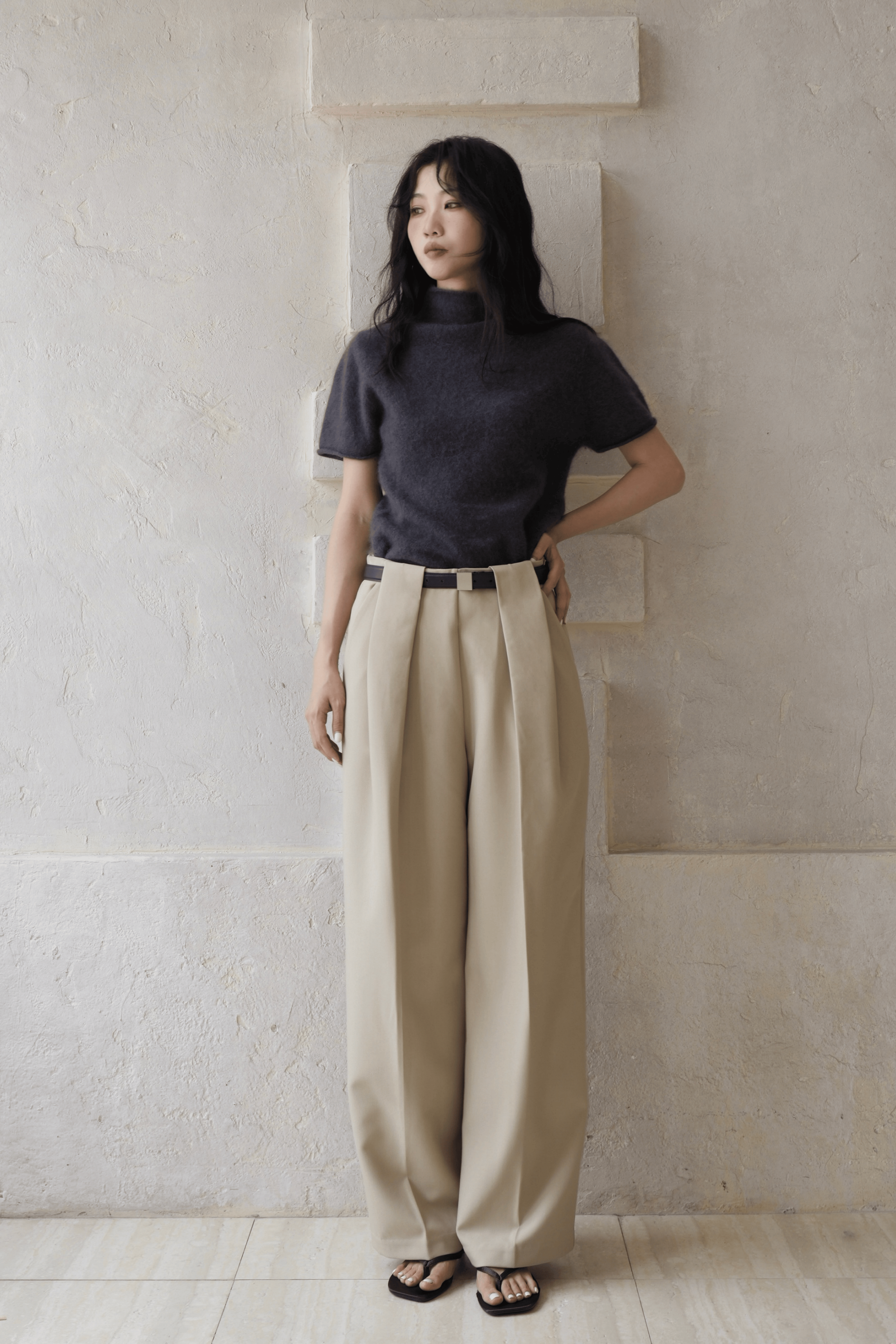 Last Sunset High Waist Pleated Wide Leg Trousers for Women – Beige Tailored Dress Pants