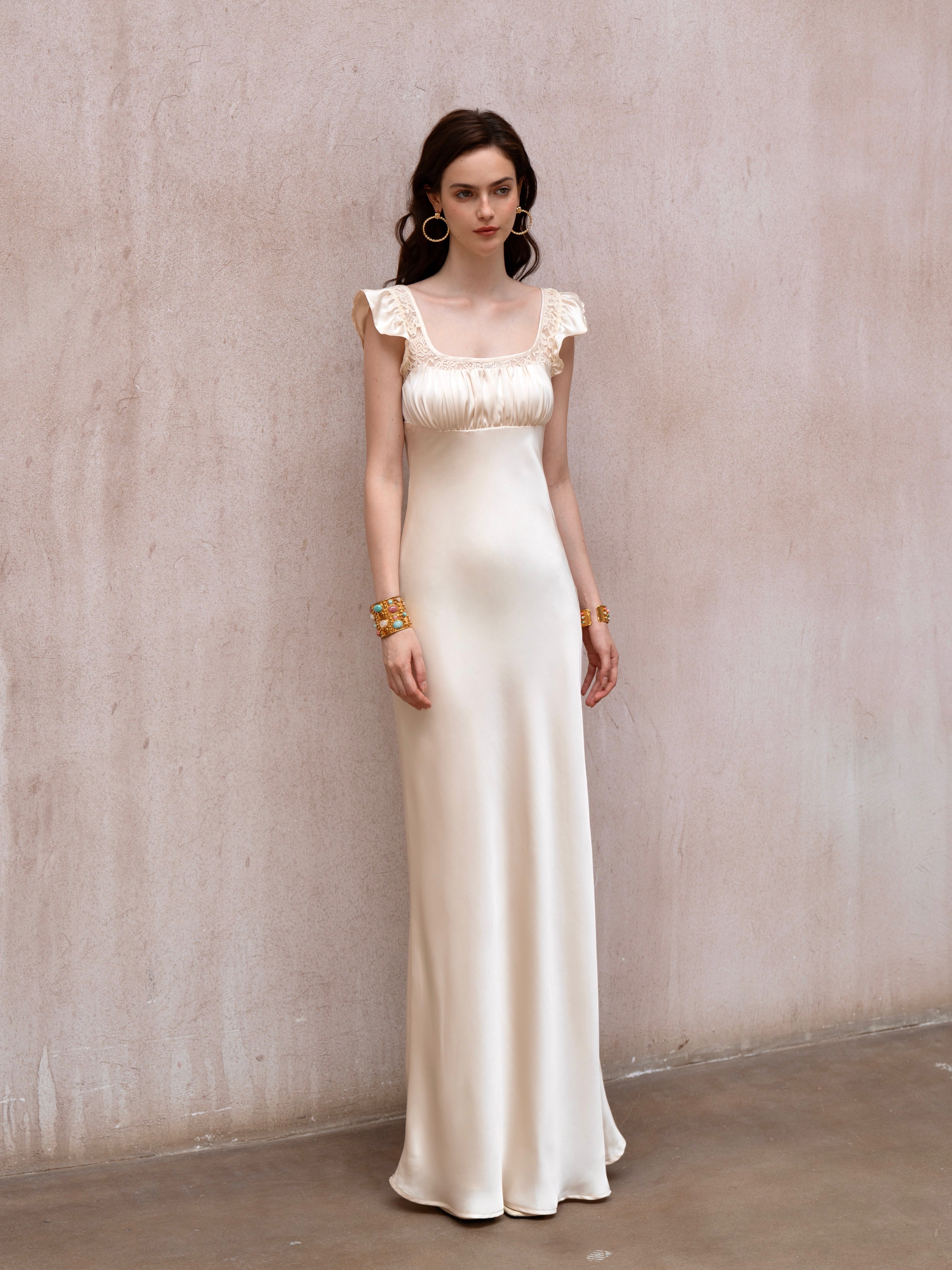 Last Sunset Satin Maxi Dress – Ivory Ruffle Sleeve Evening Gown