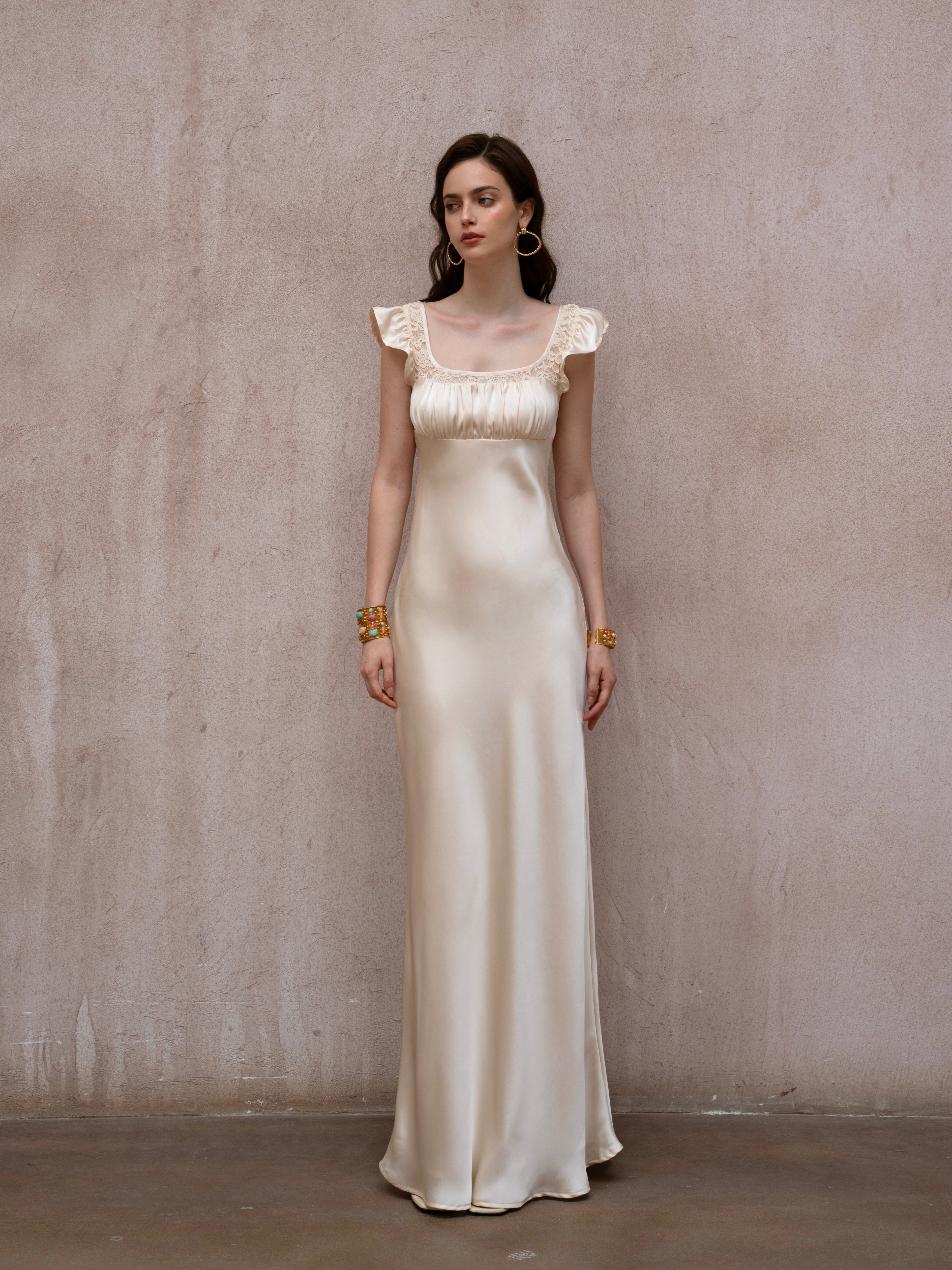 Last Sunset Satin Maxi Dress – Ivory Ruffle Sleeve Evening Gown