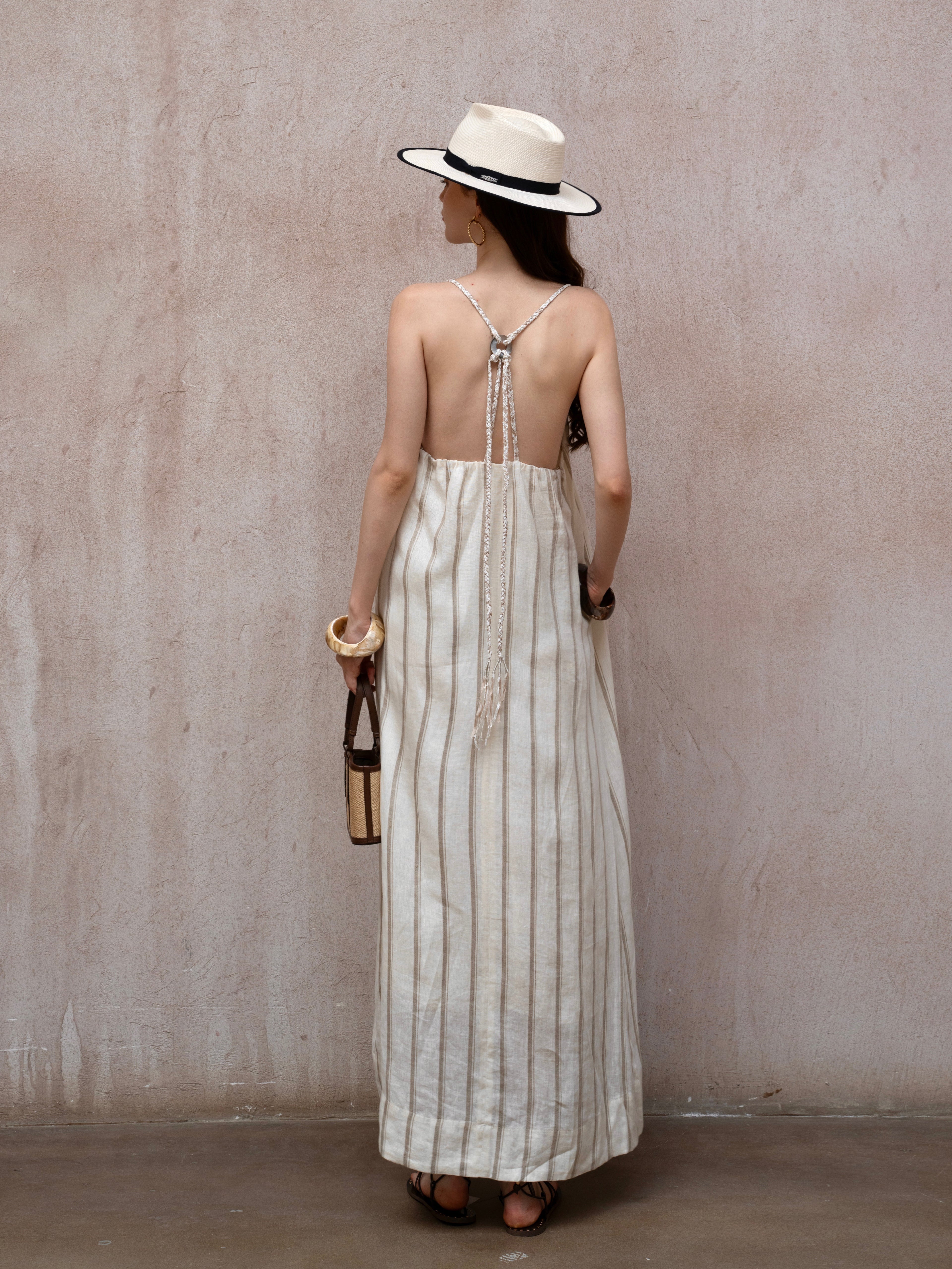 Last Sunset Striped Linen Maxi Dress – Backless Summer Vacation Dress