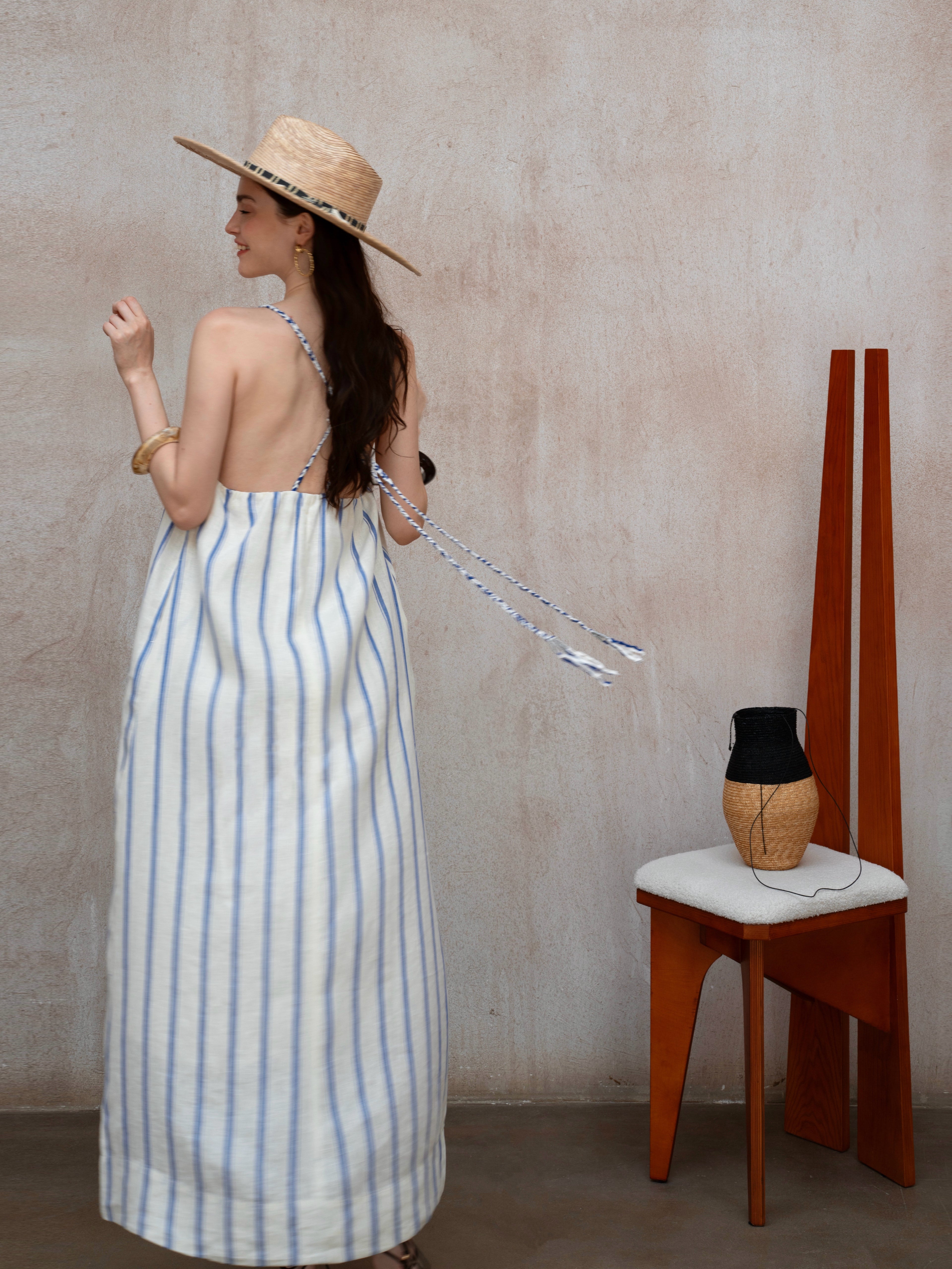 Last Sunset Striped Linen Maxi Dress – Backless Summer Vacation Dress
