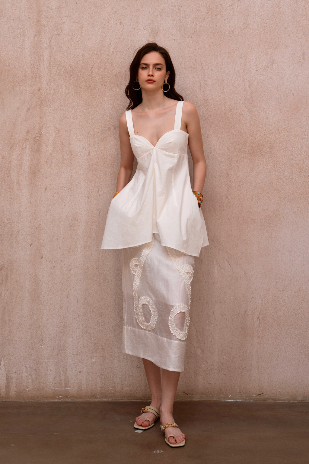 Last Sunset Silk crêpe fabric floral embroidery - White midi skirt