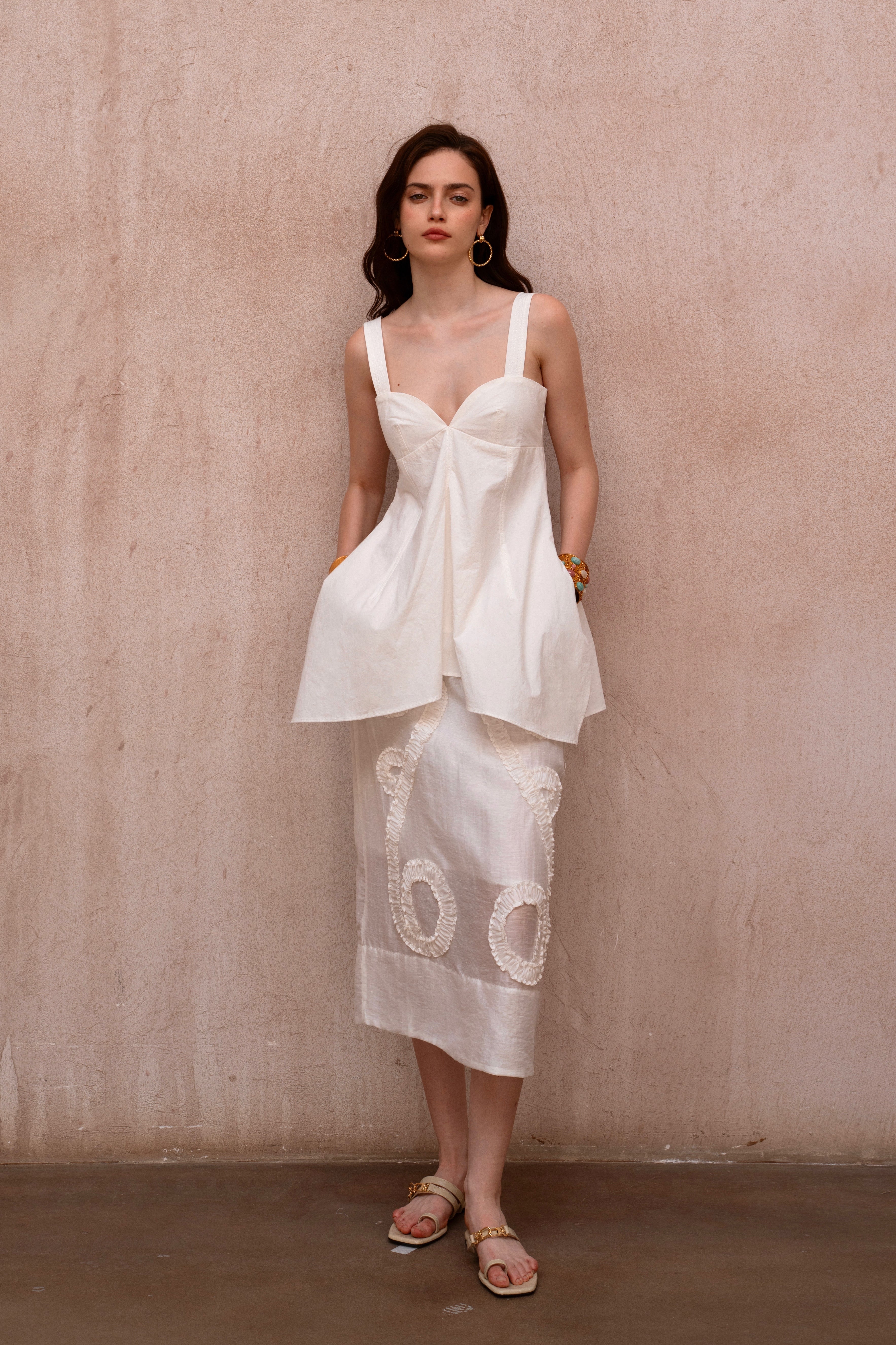 Last Sunset Silk crêpe fabric floral embroidery - White midi skirt