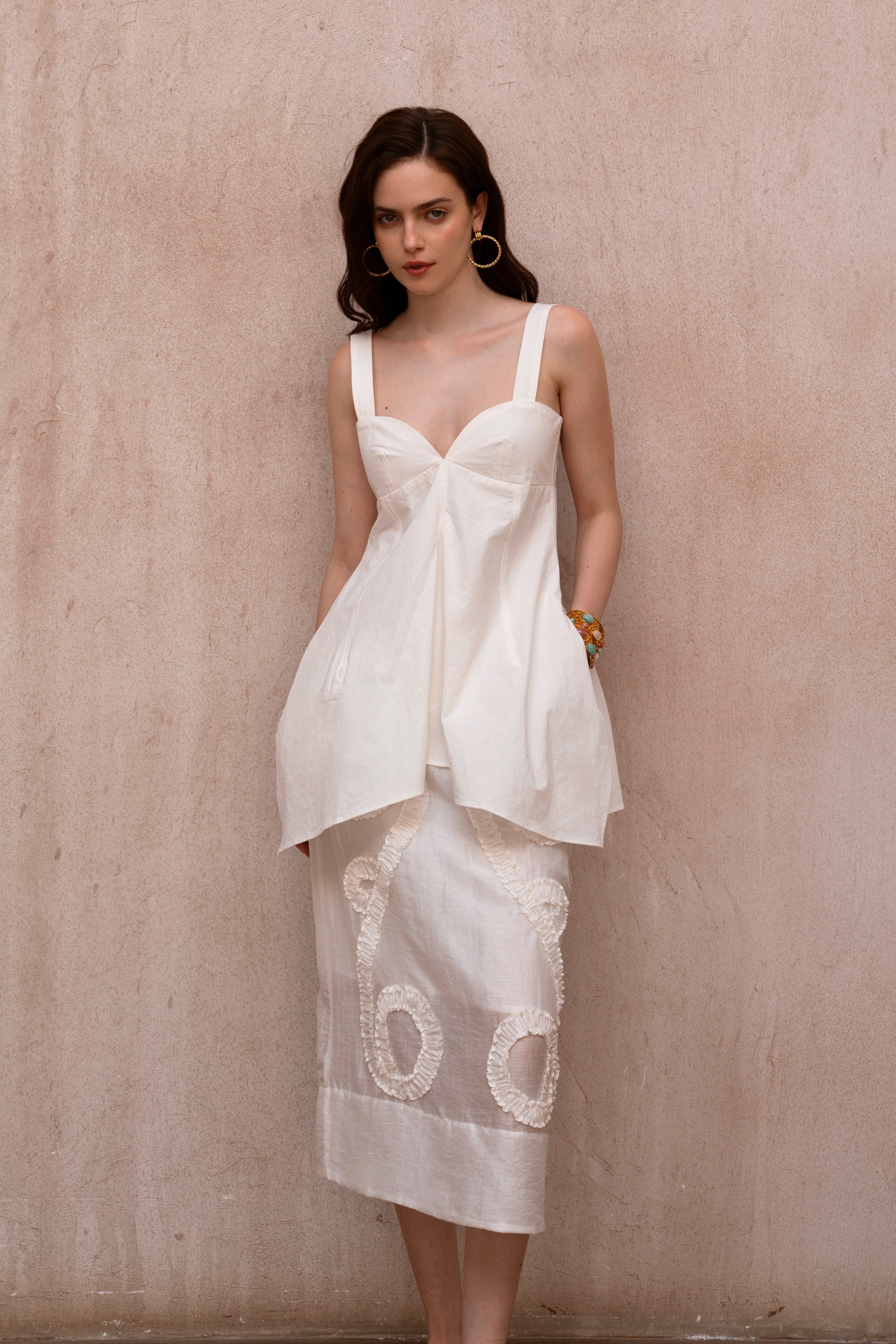 Last Sunset Silk crêpe fabric floral embroidery - White midi skirt