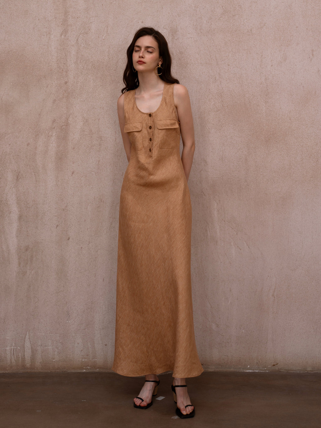 Last Sunset Caramel Linen Maxi Dress – Sleeveless Button-Front Summer Dress