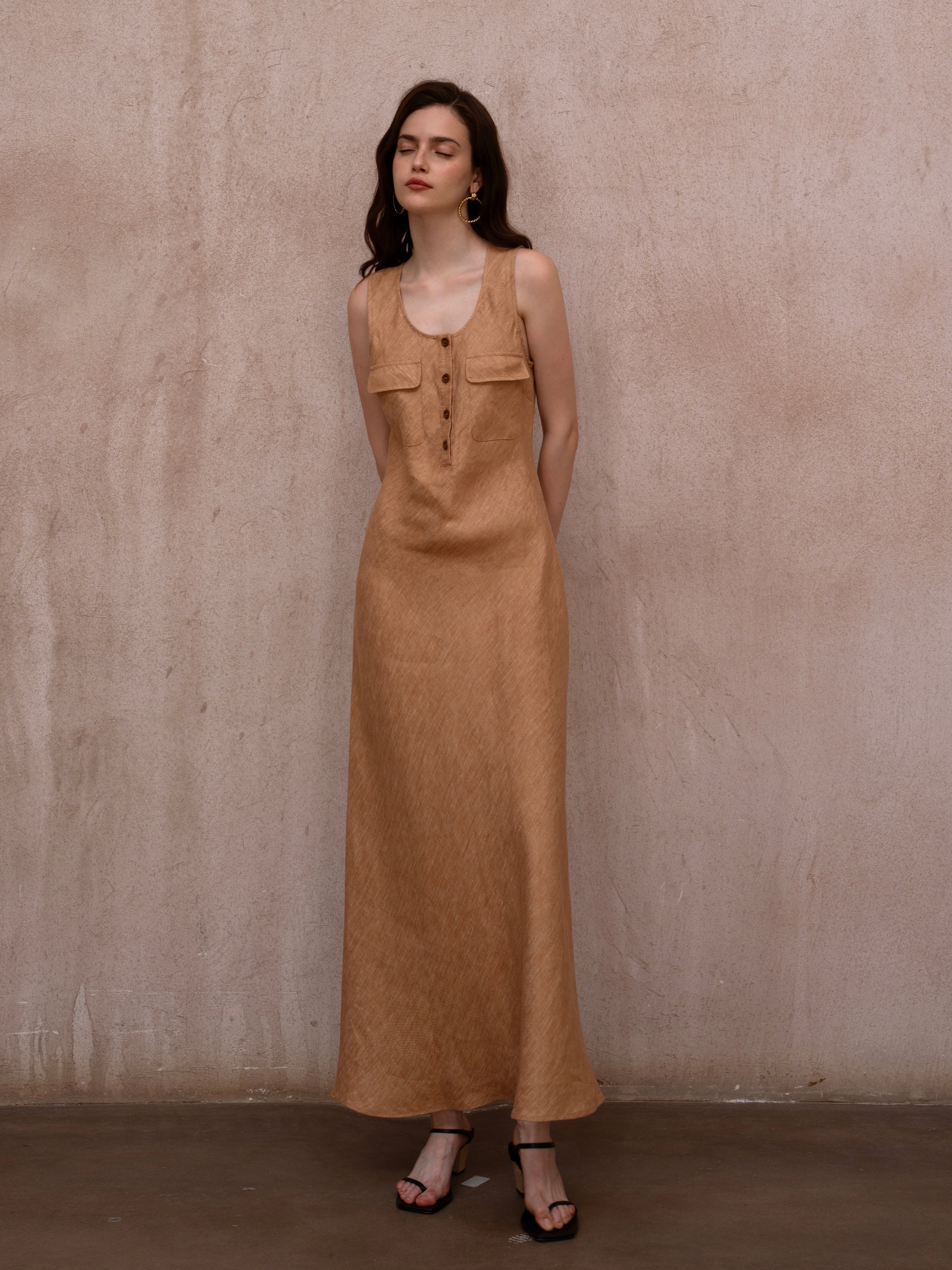 Last Sunset Caramel Linen Maxi Dress – Sleeveless Button-Front Summer Dress