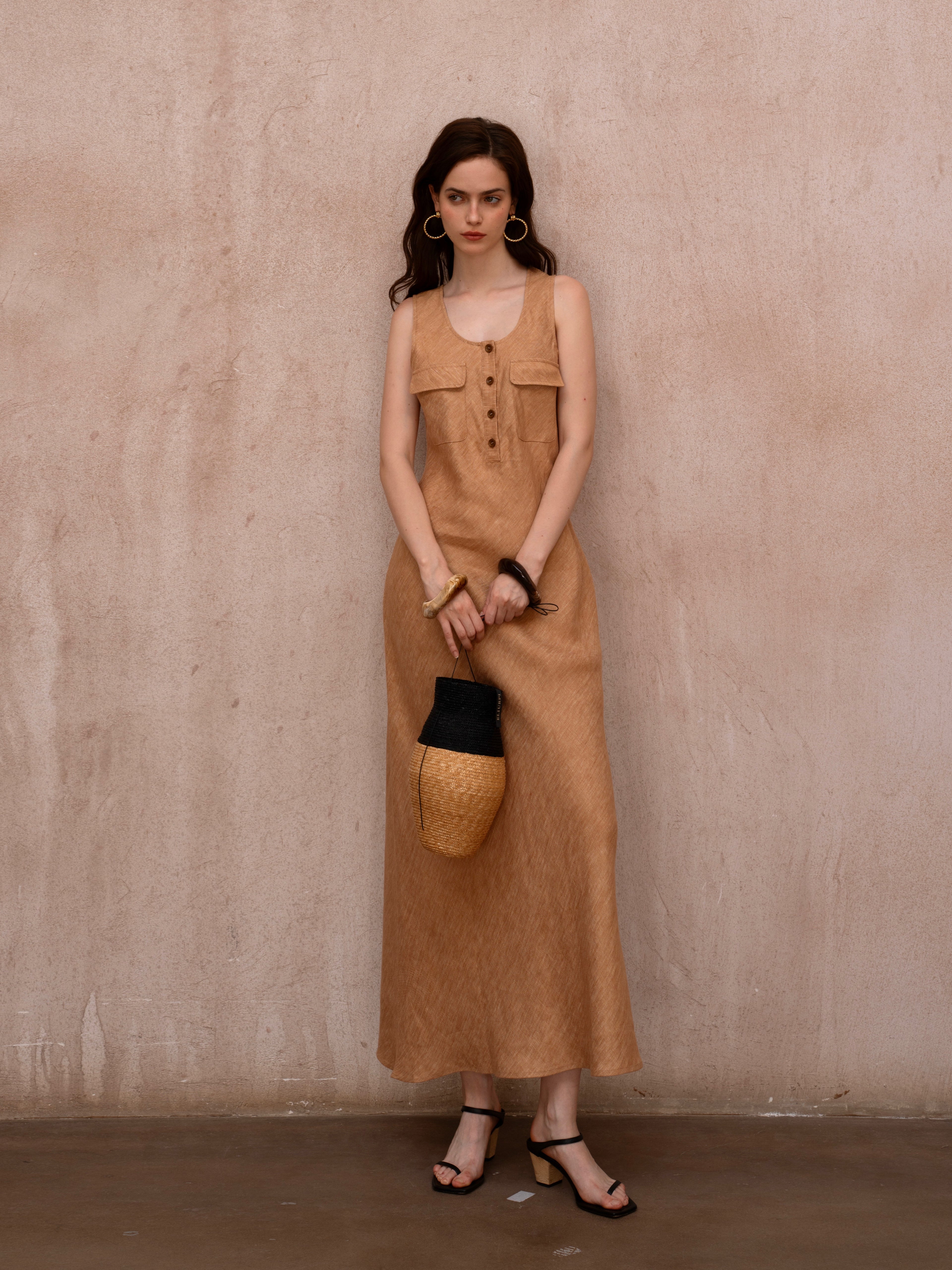 Last Sunset Caramel Linen Maxi Dress – Sleeveless Button-Front Summer Dress