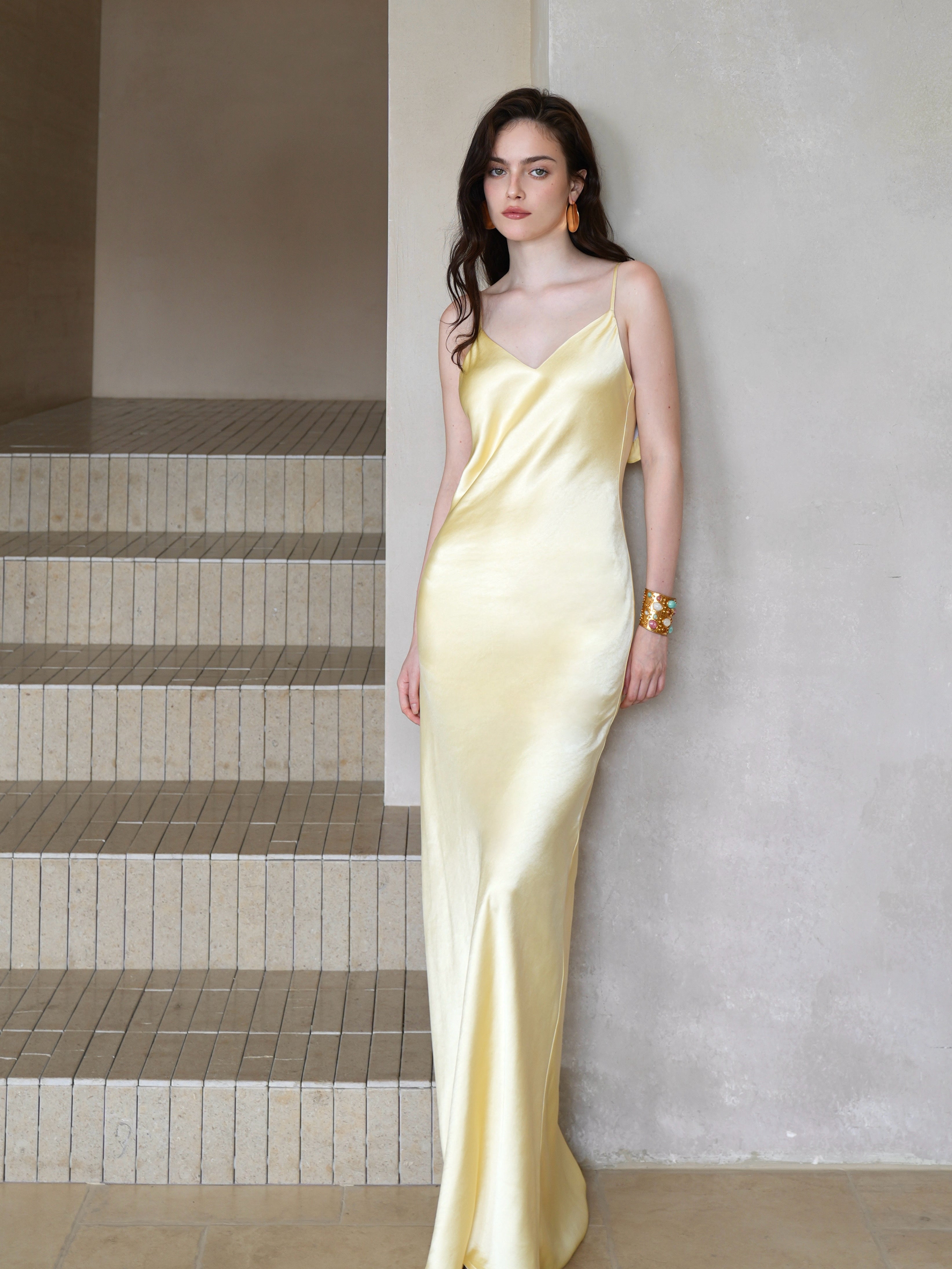 Last Sunset Golden Bloom Backless Wedding Evening Silk Gown Maxi Dress
