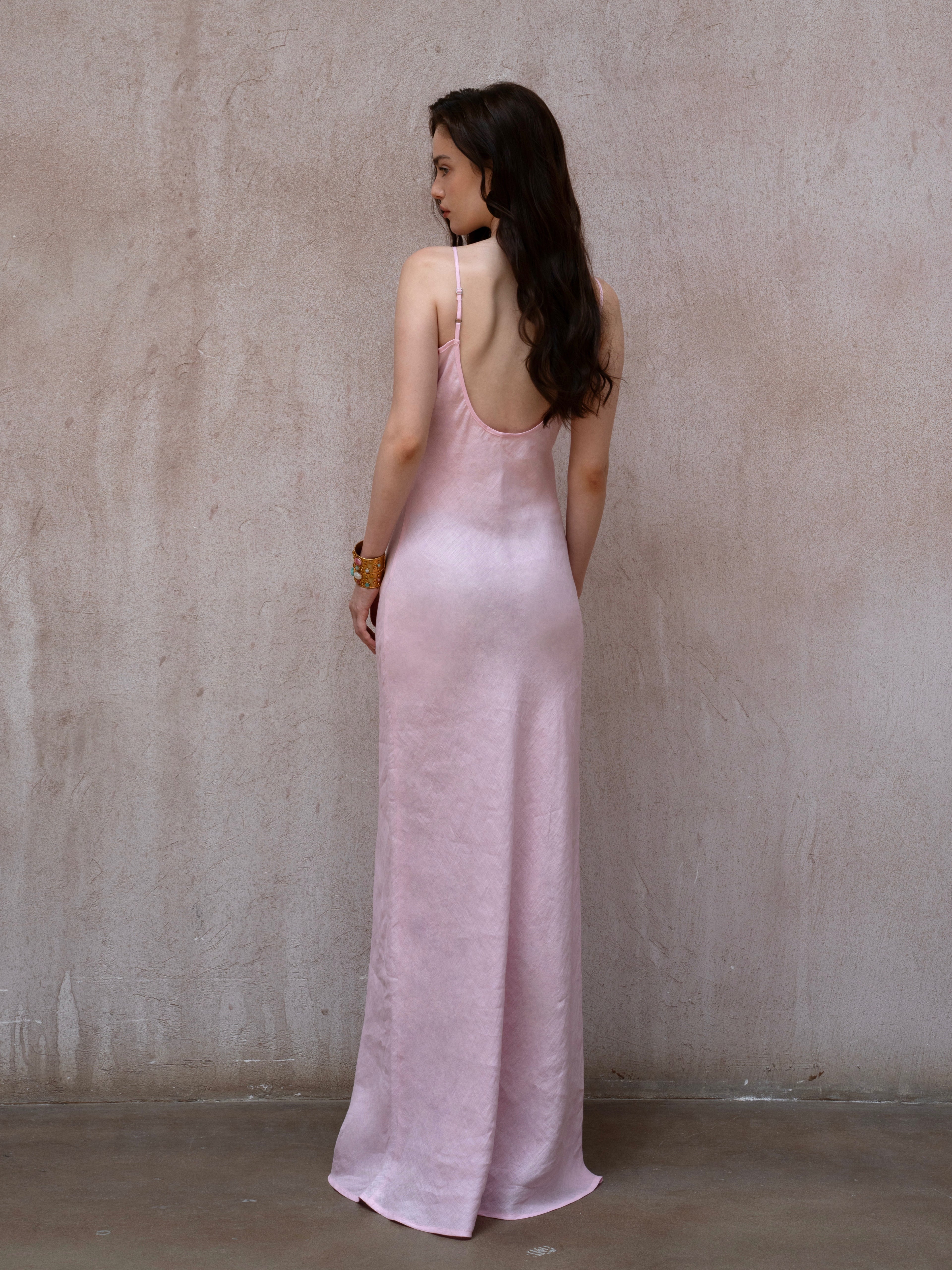 Last Sunset Rose Detail Slip Maxi Dress – Pink Linen Look Evening Gown