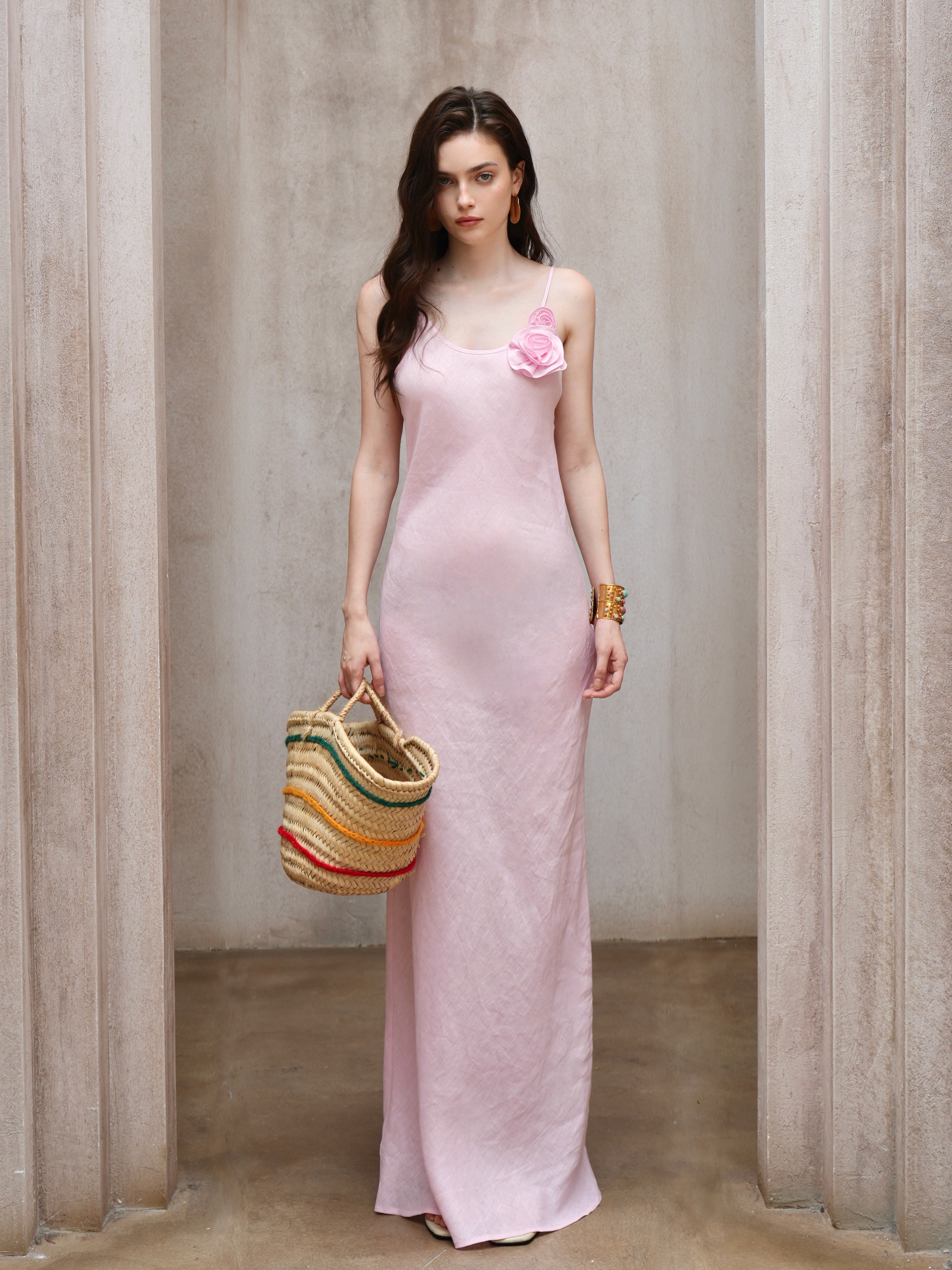 Last Sunset Rose Detail Slip Maxi Dress – Pink Linen Look Evening Gown