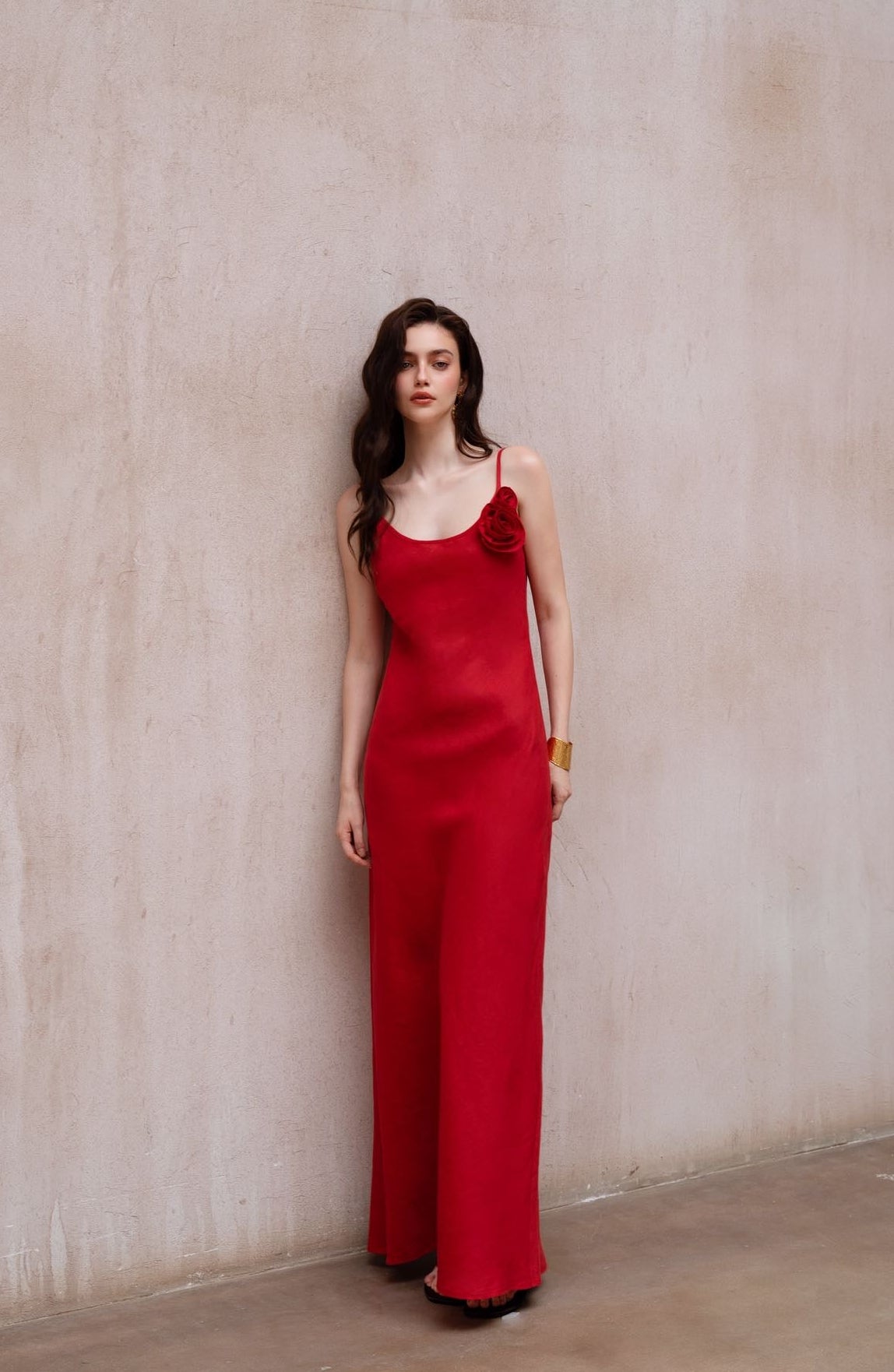 Last Sunset Rose Detail Slip Maxi Dress – Red Linen Look Evening Gown