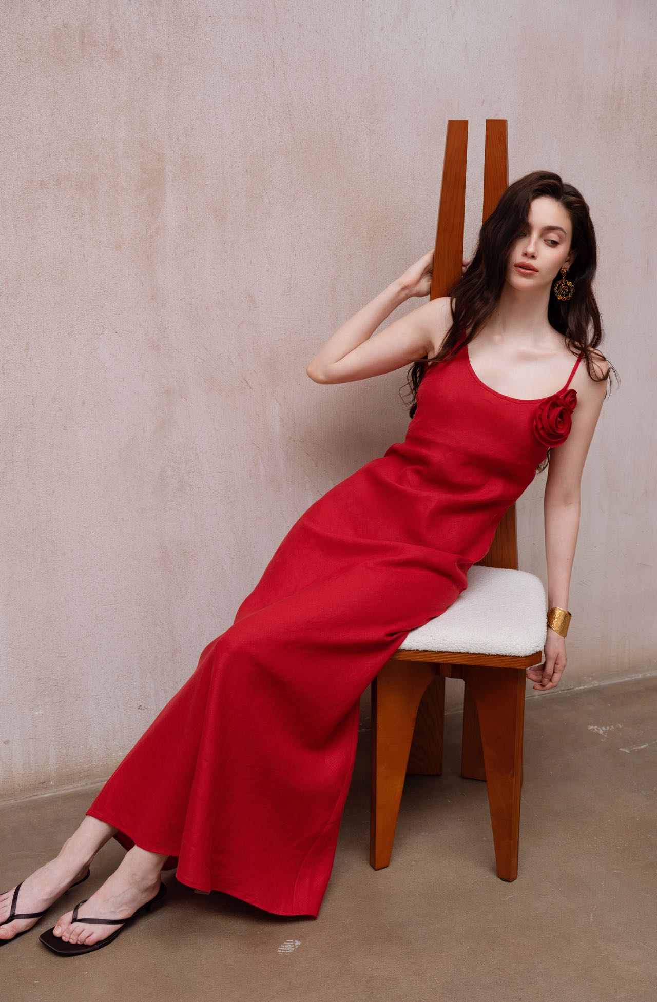 Last Sunset Rose Detail Slip Maxi Dress – Red Linen Look Evening Gown