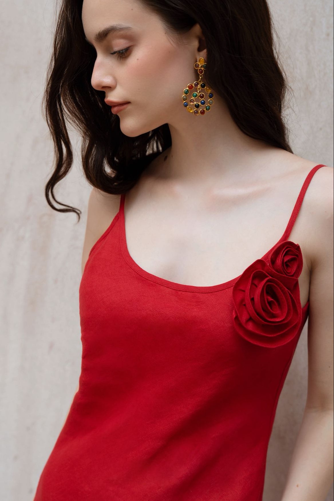 Last Sunset Rose Detail Slip Maxi Dress – Red Linen Look Evening Gown