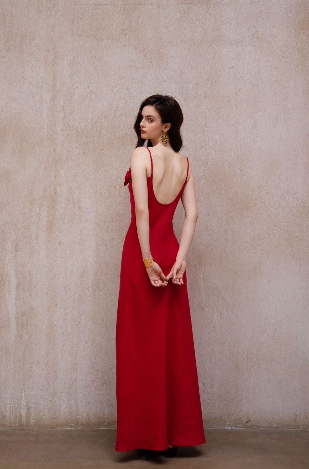 Last Sunset Rose Detail Slip Maxi Dress – Red Linen Look Evening Gown