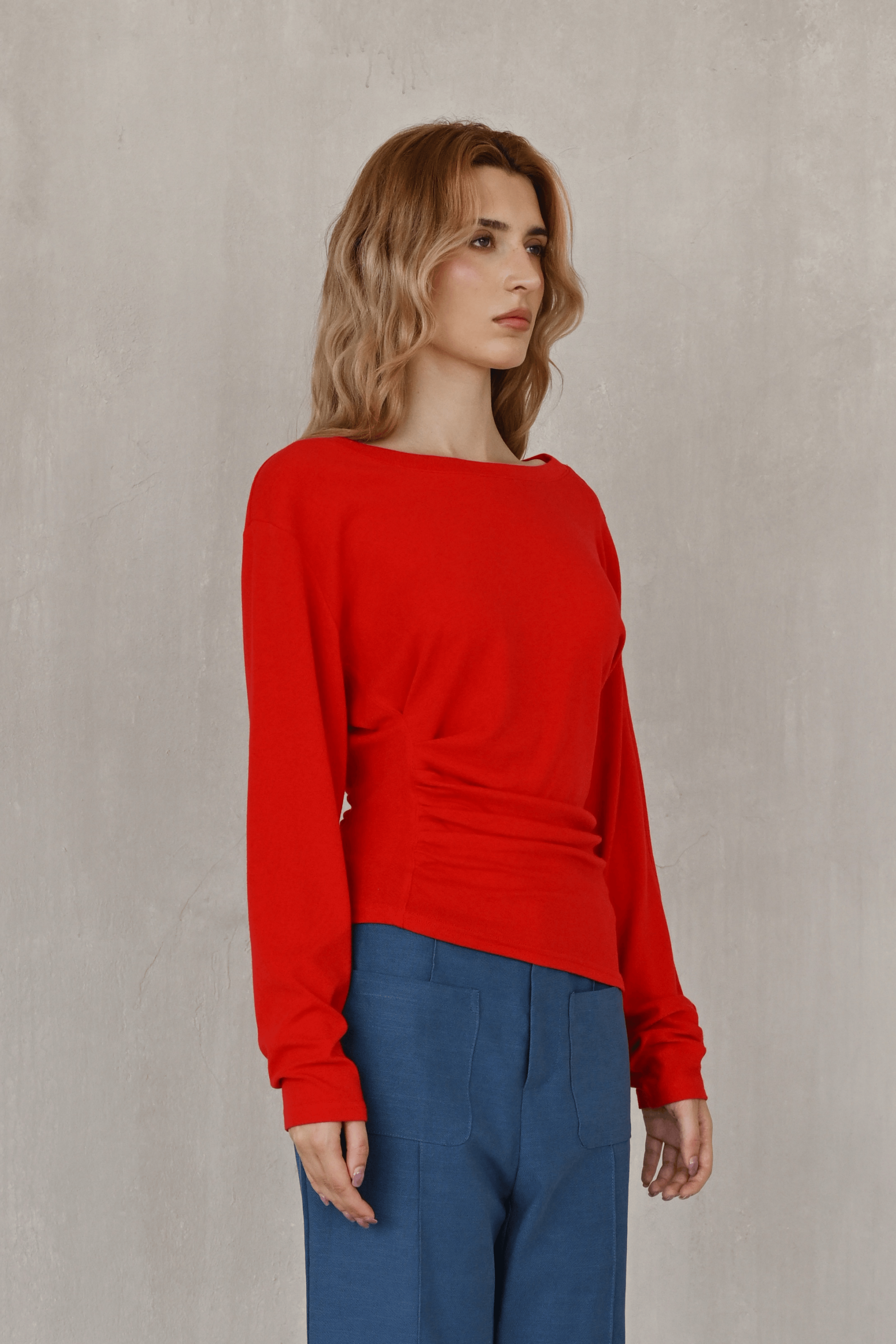 Last Sunset Classic Boat Neck Long Sleeve Tee – Slim Fit Ruched Detail Top