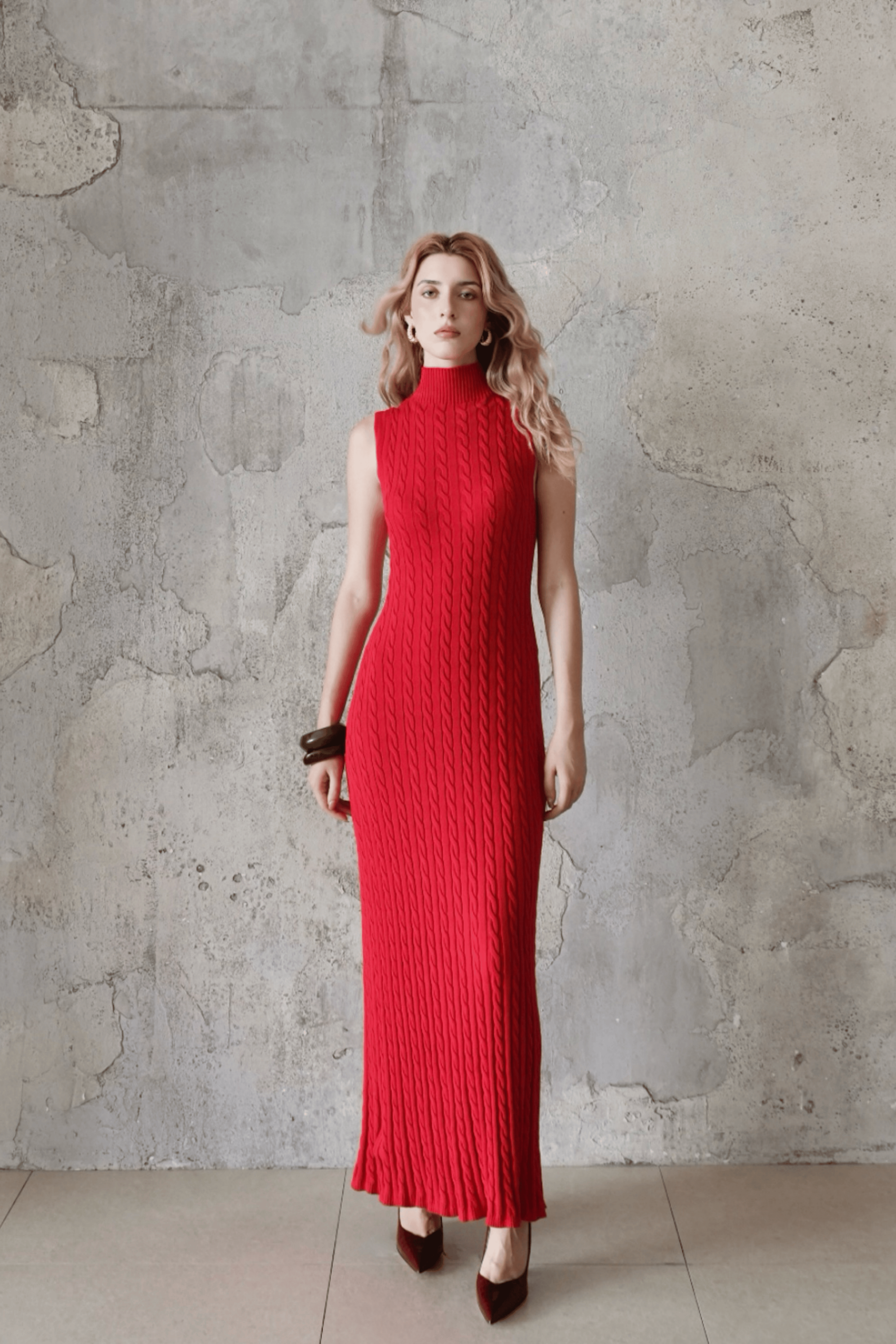 Last Sunset Sleeveless Turtleneck Cable Knit Maxi Dress – Elegant Winter Sweater Dress