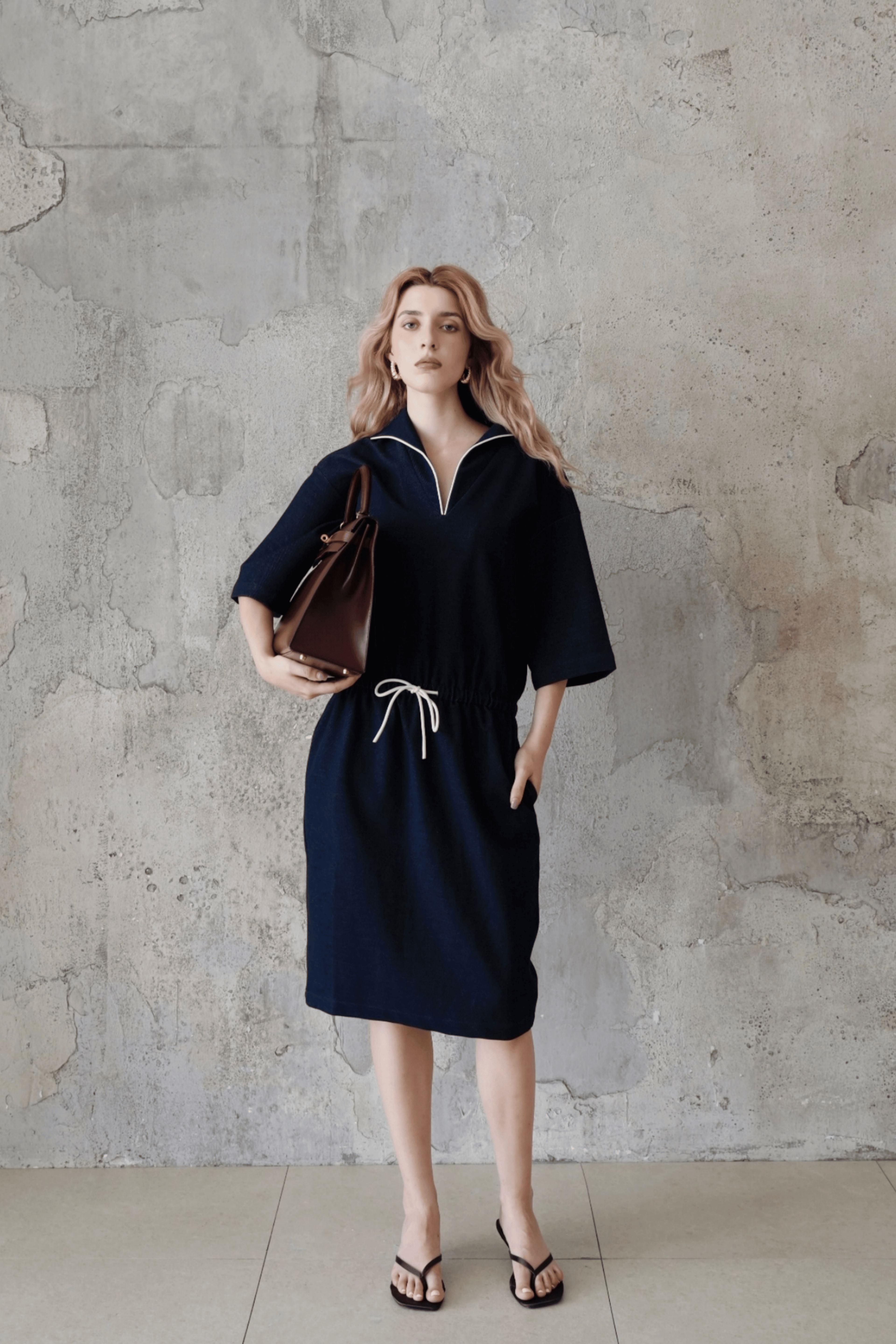 Last Sunset Navy Blue Casual Midi Dress with Drawstring Waist – Half Sleeve Pullover Dress