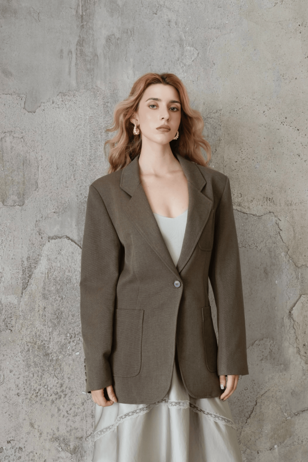 Last Sunset Oversized Khaki Blazer – Classic Single-Breasted Suit Jacket for Work, Casual & Layering