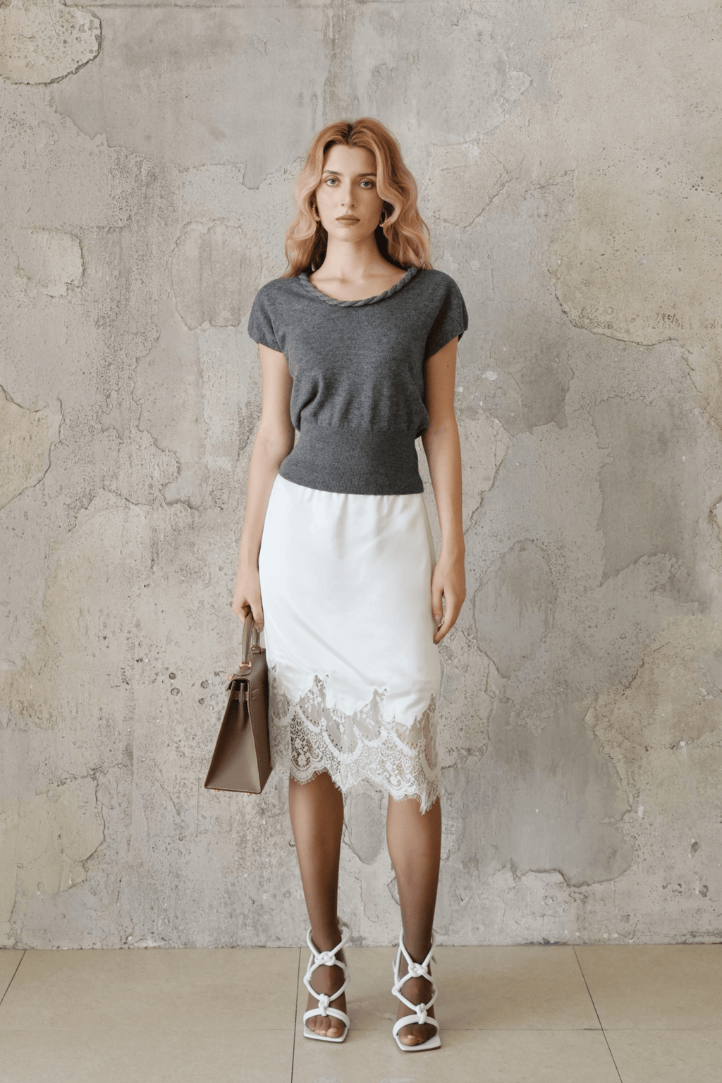 Last Sunset Braided Collar Knit Top — Mocha / Charcoal Grey