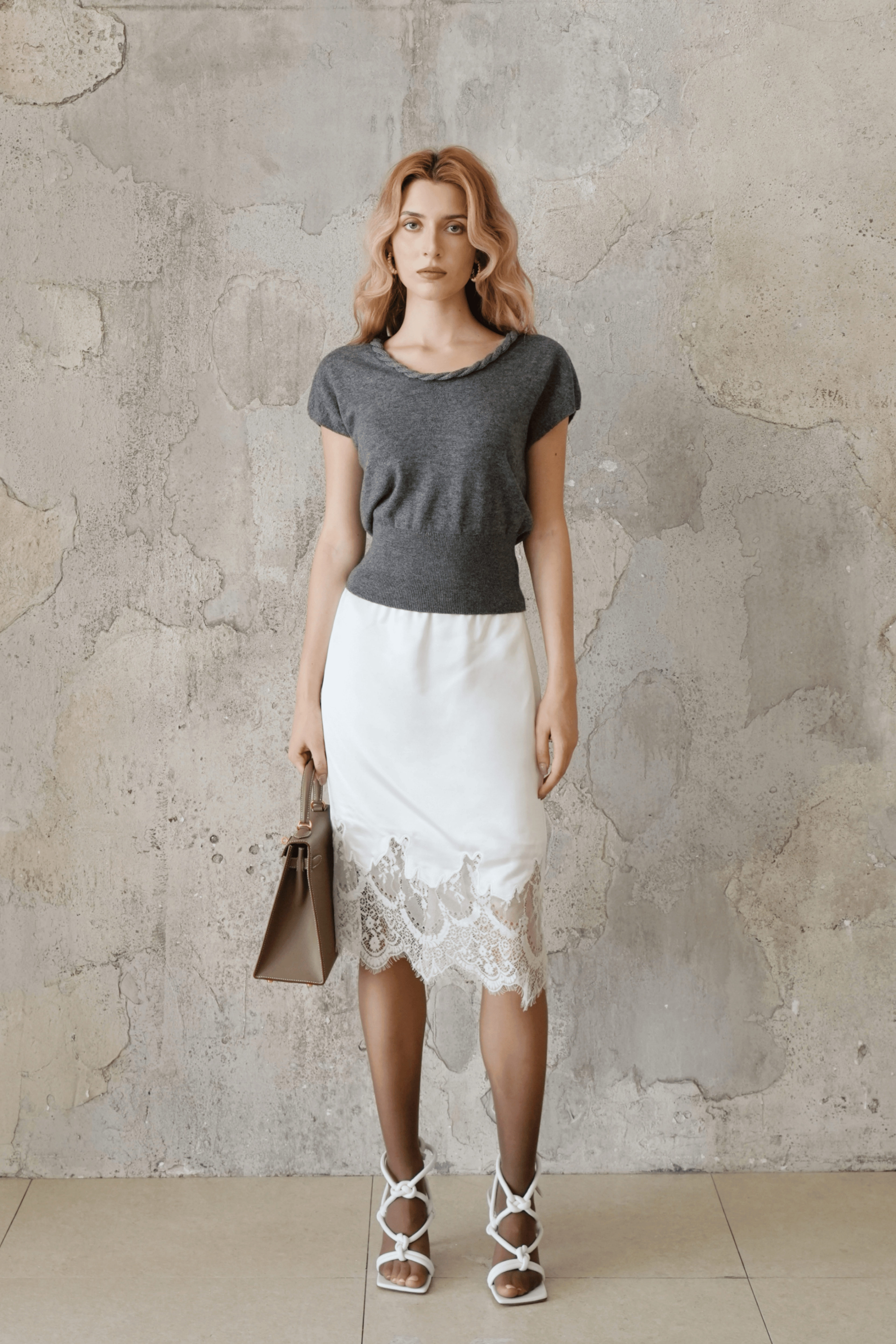 Last Sunset Braided Collar Knit Top — Mocha / Charcoal Grey