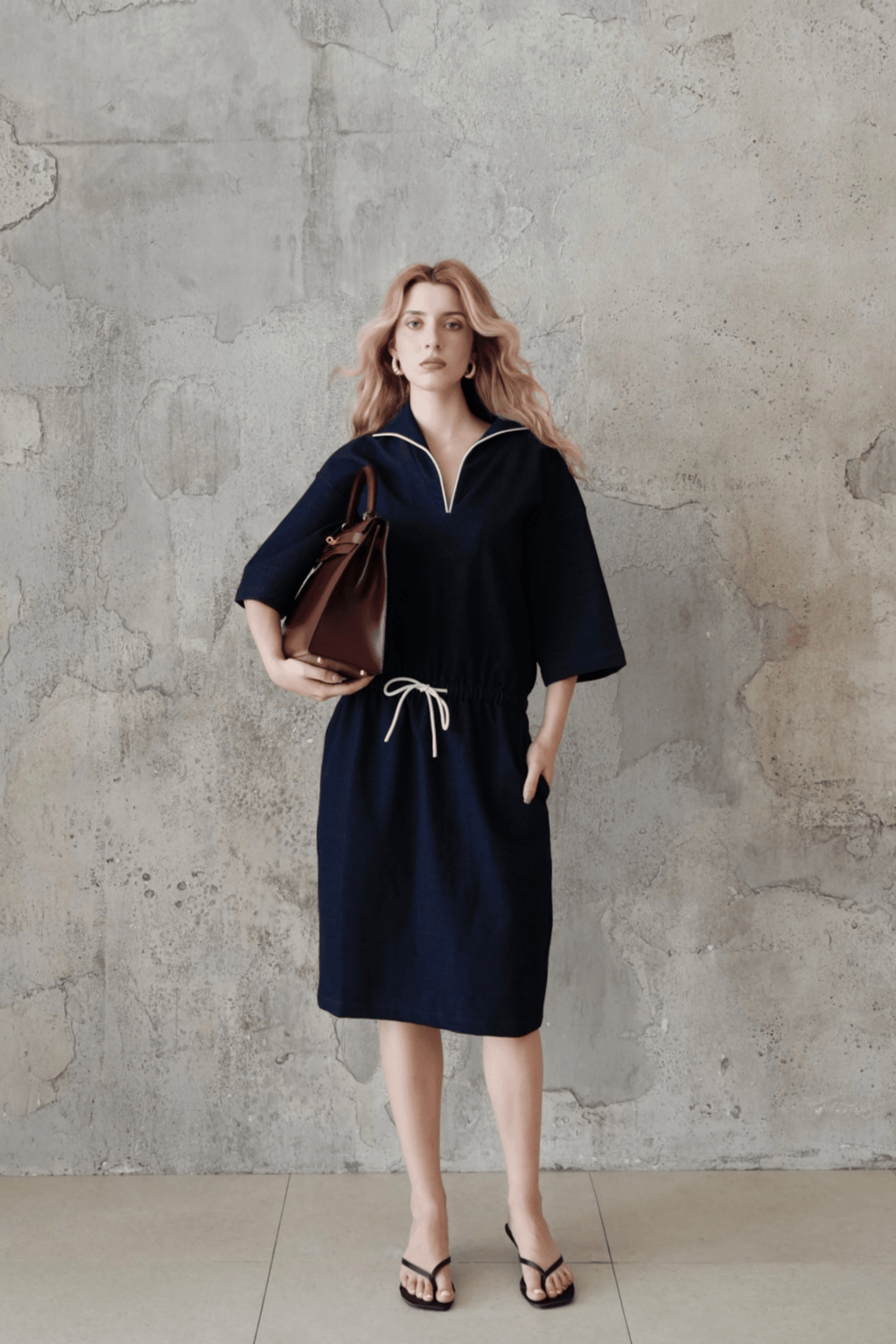 Last Sunset Navy Blue Casual Midi Dress with Drawstring Waist – Half Sleeve Pullover Dress