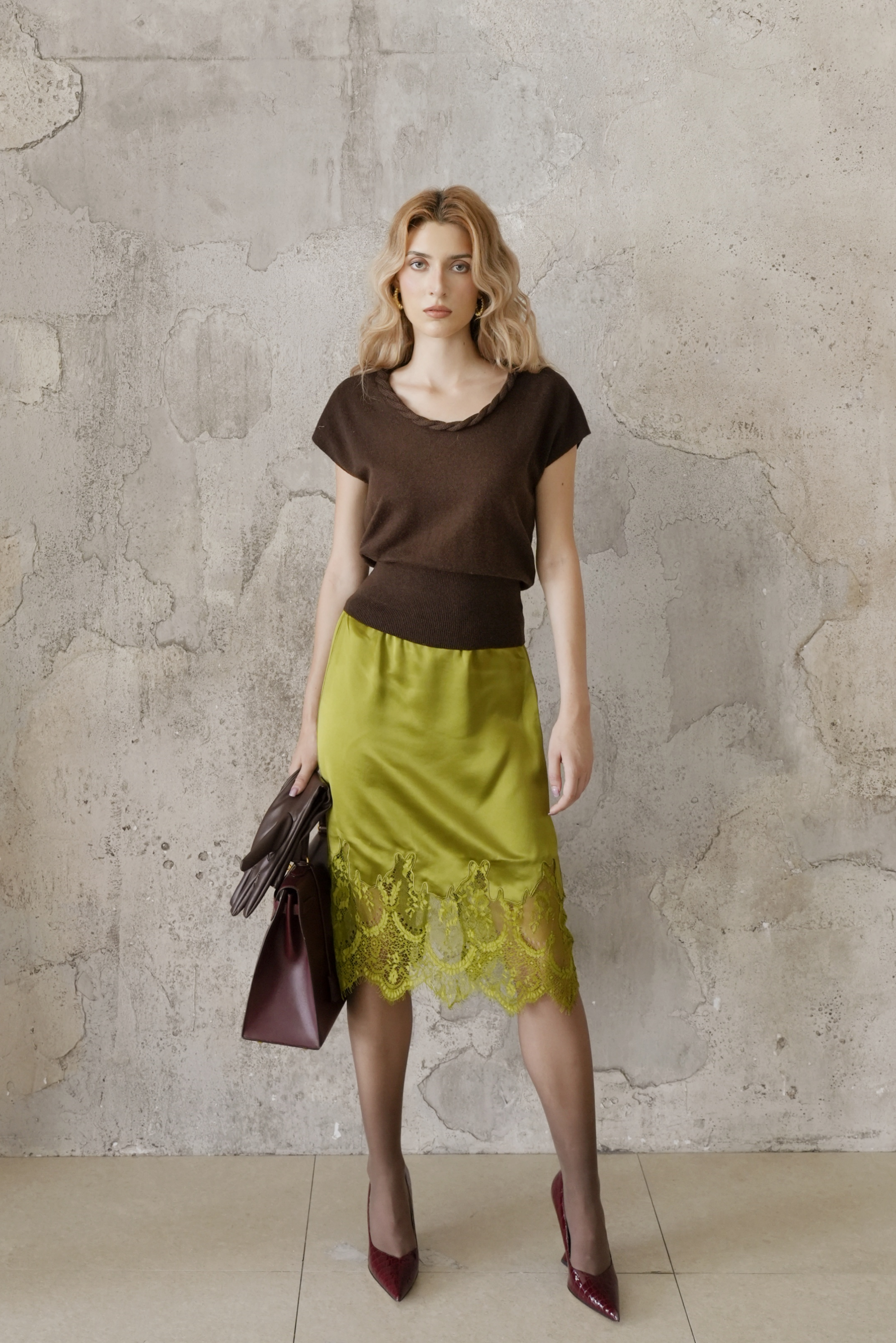 Last Sunset Satin Lace Midi Skirt – Chic Elegant Slip Skirt with Sheer Lace Hem