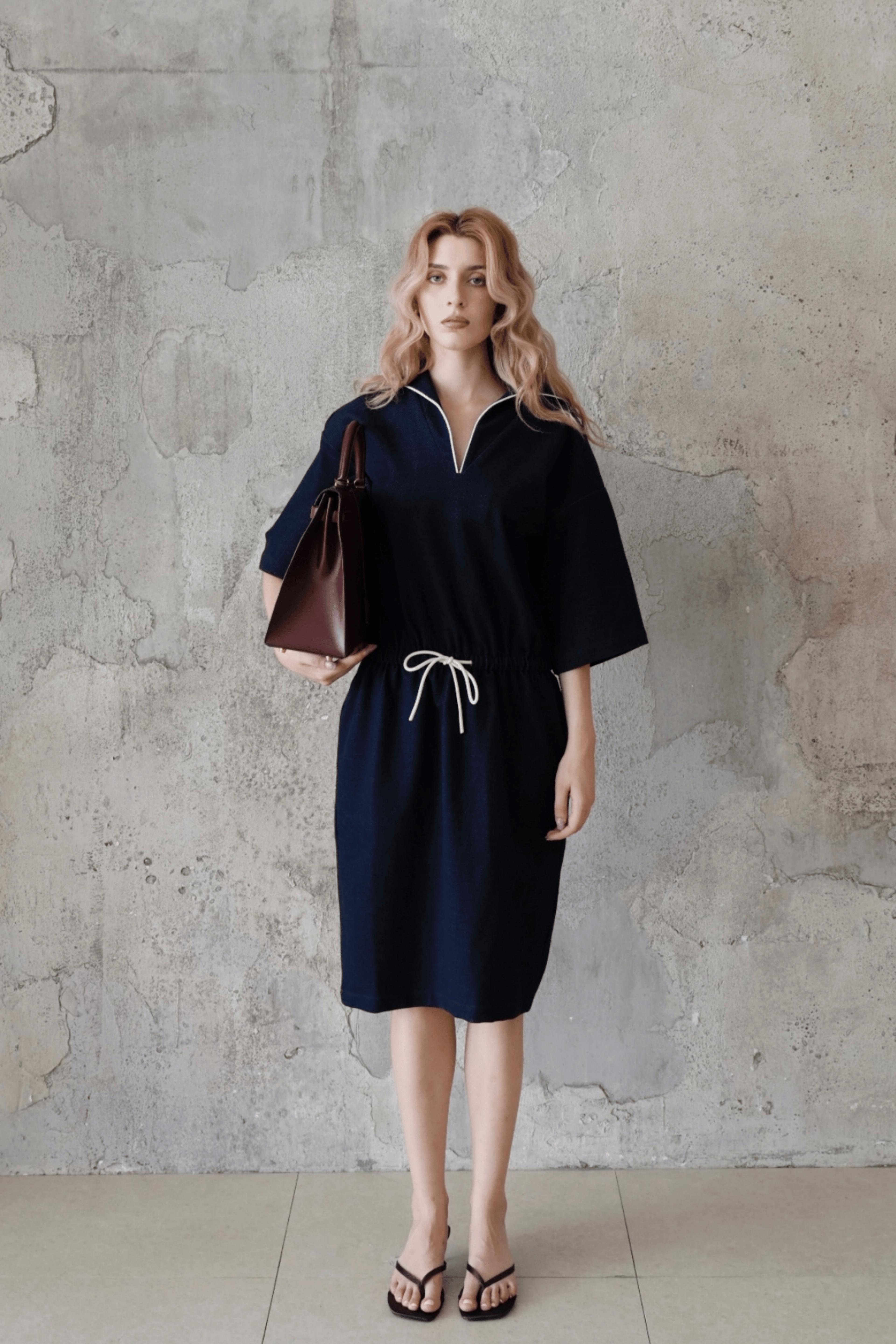 Last Sunset Navy Blue Casual Midi Dress with Drawstring Waist – Half Sleeve Pullover Dress