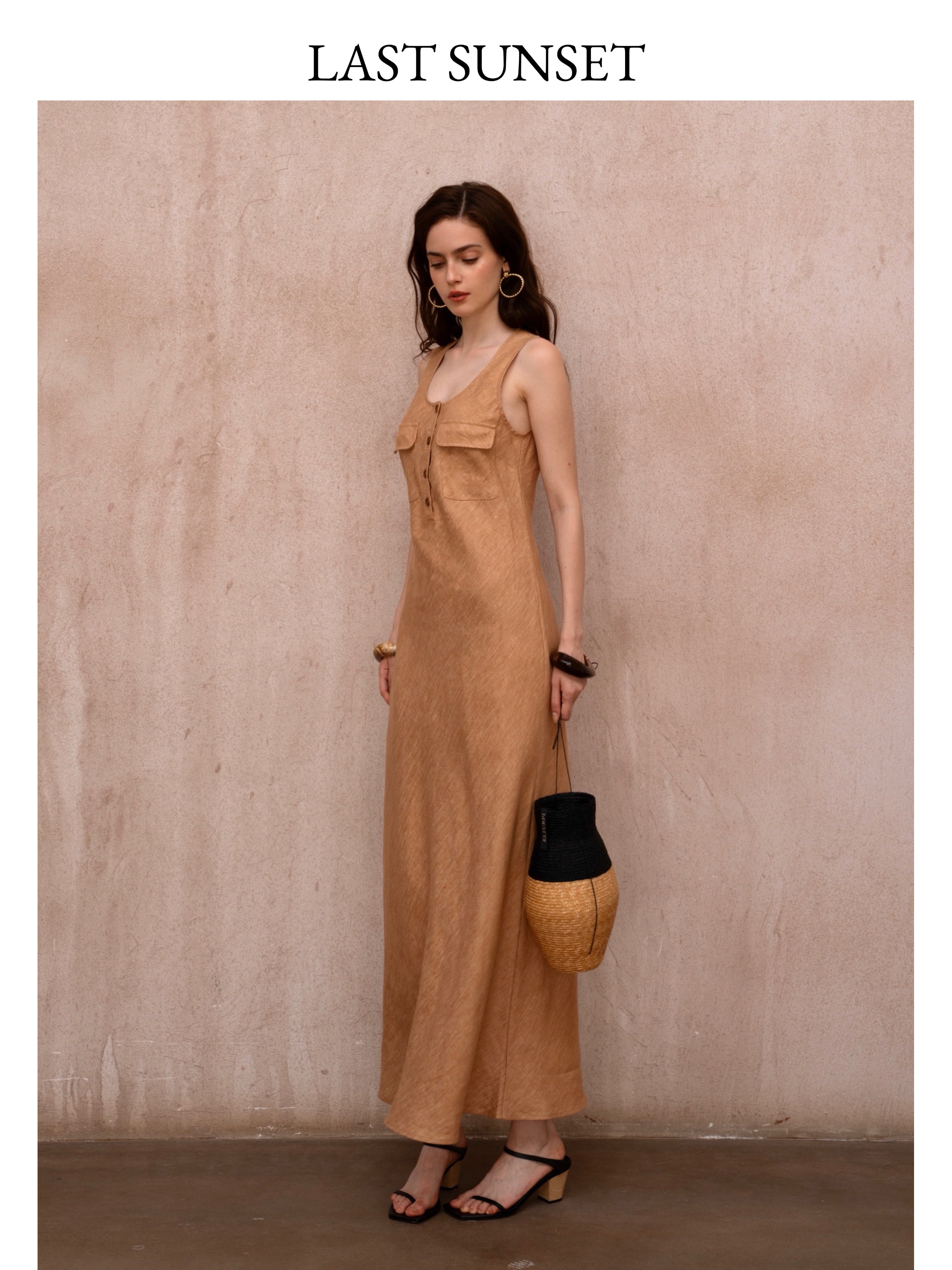 Last Sunset Caramel Linen Maxi Dress – Sleeveless Button-Front Summer Dress