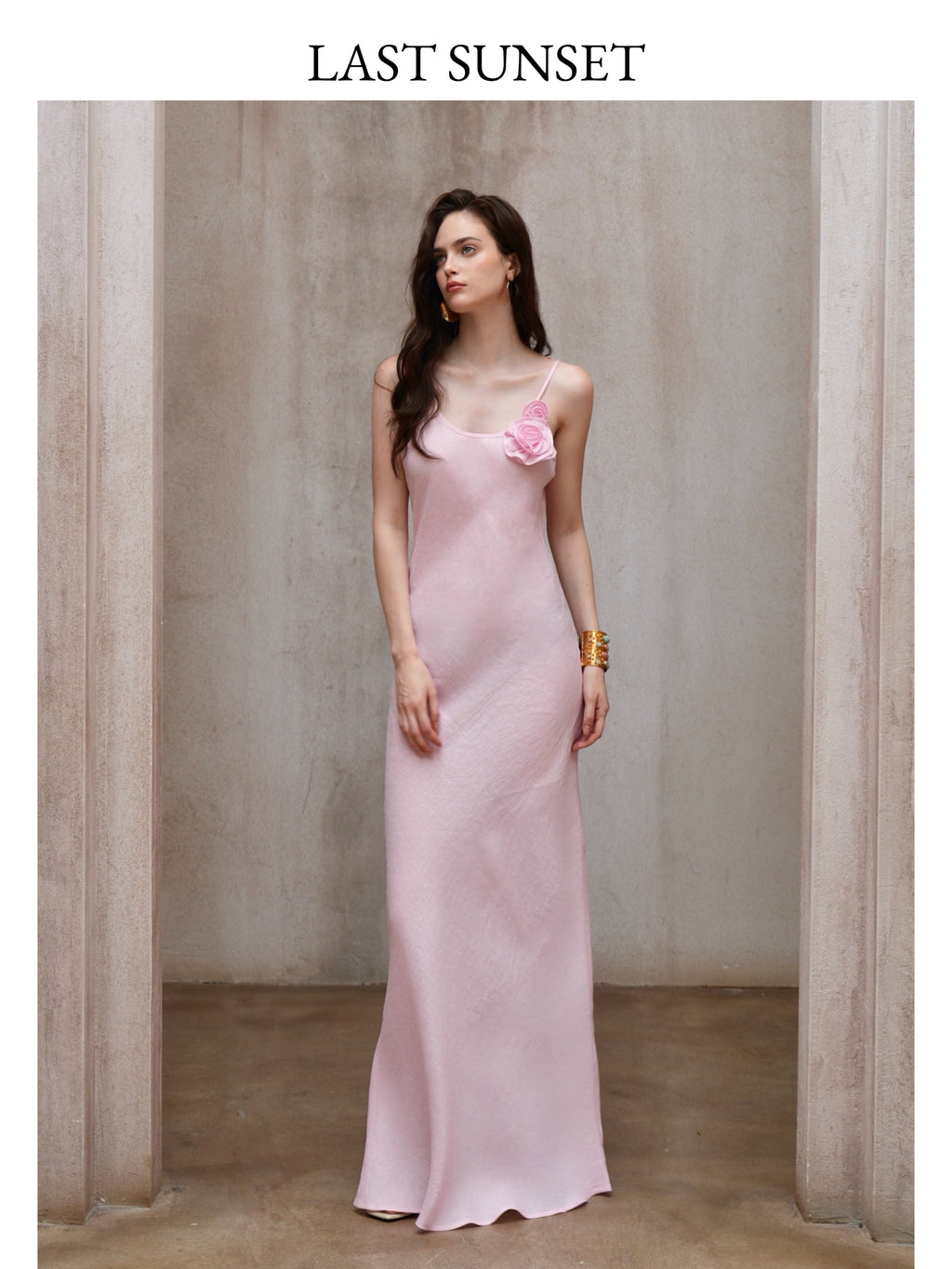 Last Sunset Rose Detail Slip Maxi Dress – Pink Linen Look Evening Gown