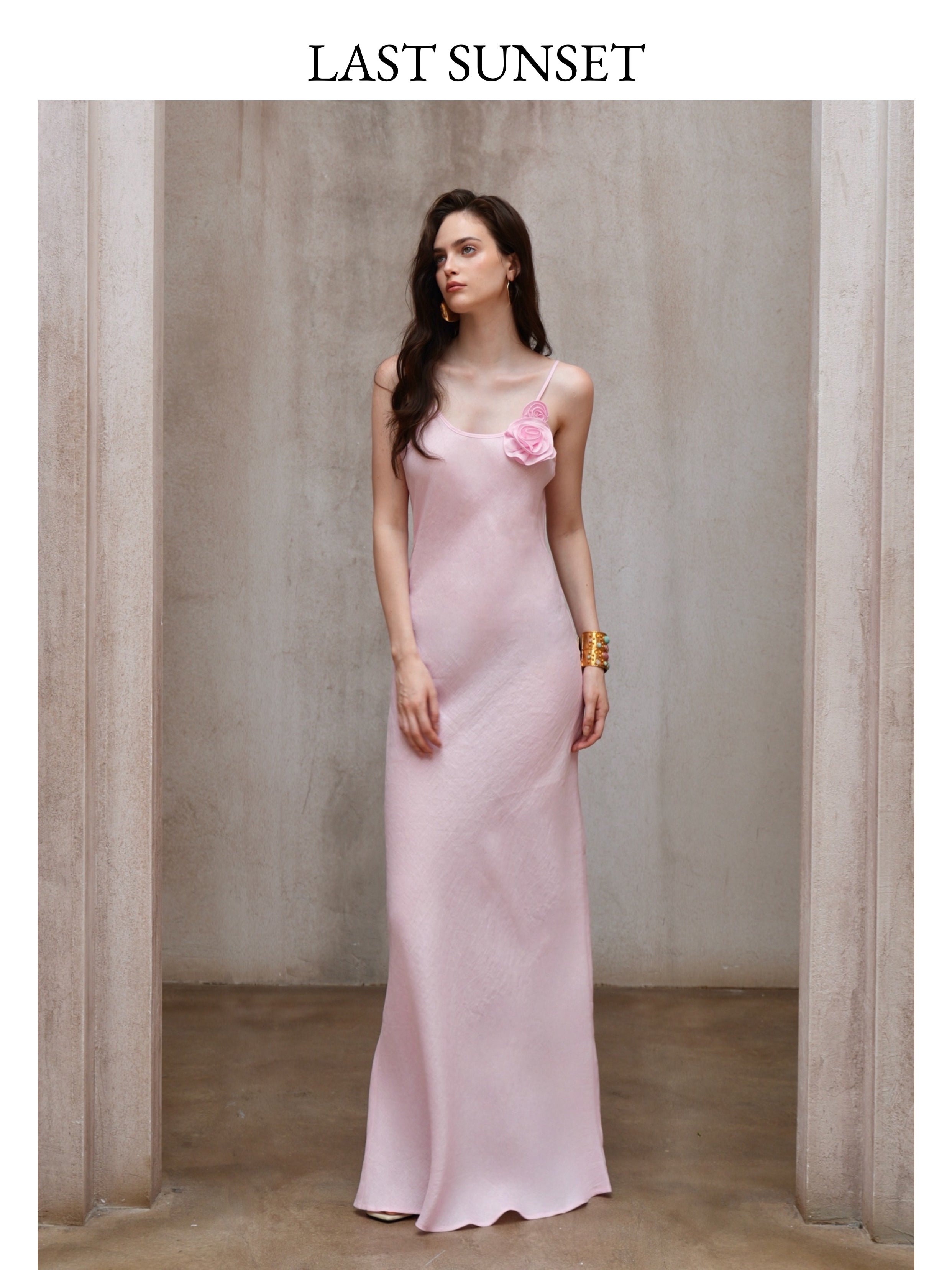 Last Sunset Rose Detail Slip Maxi Dress – Pink Linen Look Evening Gown